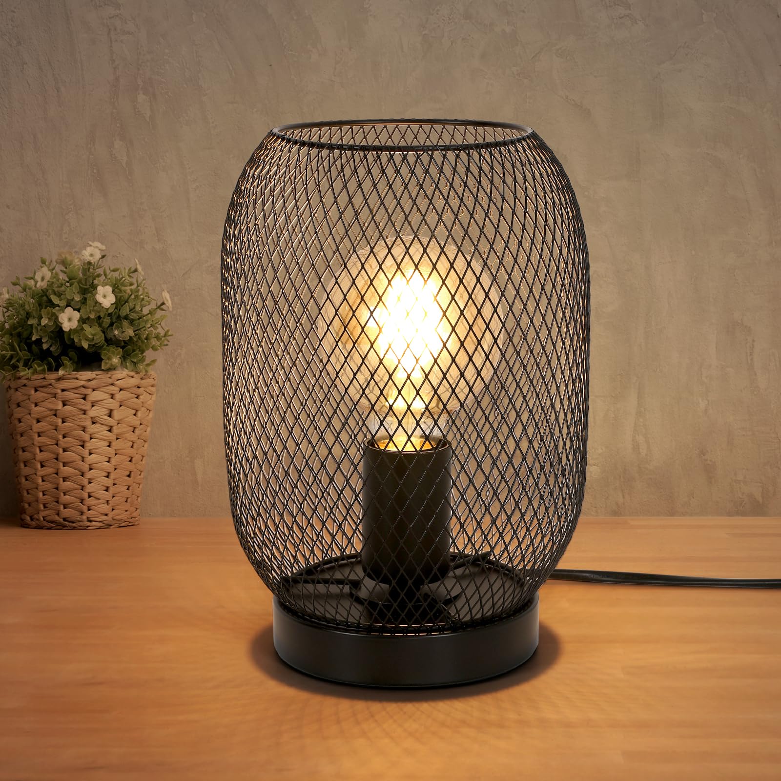 Lumiup Lámpara de Mesa Retro, E27 Lampara Escritorio Industrial, Jaula Lámpara de Mesilla Negra Hierro, Lamparas de Mesita de Noche, Lampara de Mesa para Dormitorio, Oficina, Café (Sin Bombilla)