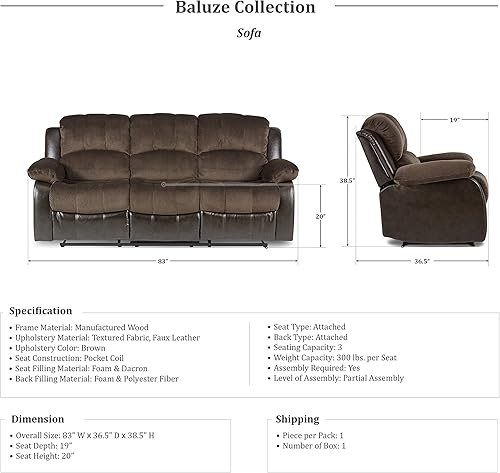 Miniatura 19 de Lexicon Humphreys - Sofá reclinable doble de piel sintética suave, lengüeta de extracción manual, soporte de pared, espuma de alta densidad, marco