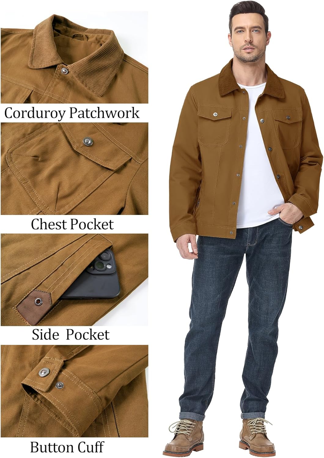 Flygo Mens Flannel Lined Shirt Jacket Cotton Corduroy Turndown Collar Snap Button Rugged Cargo Trucker Jacket with Multi-Pockets(Brown-XL) - Image 6