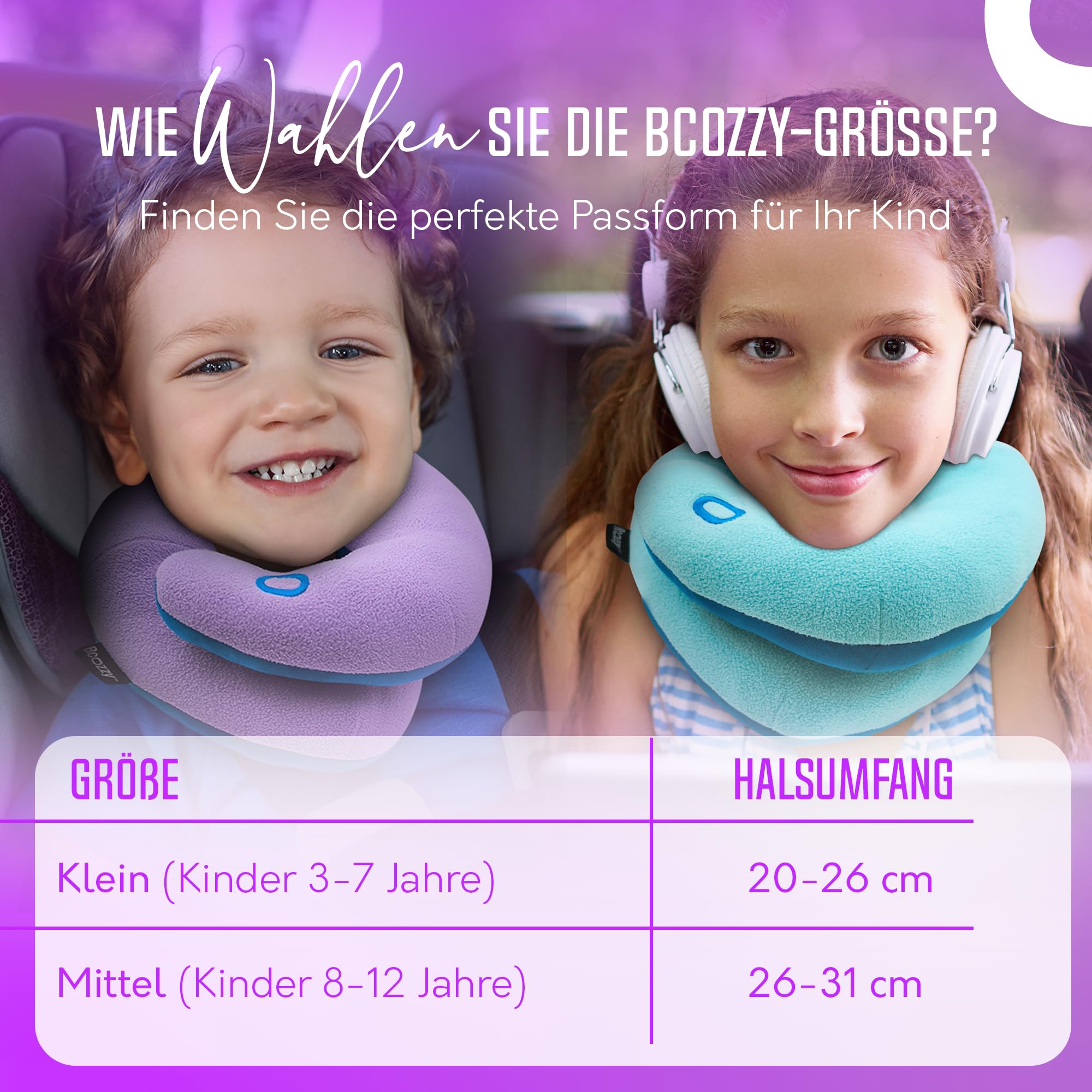 BCOZZY Kinder (3-7 J.) Auto Nackenkissen – Patentiertes Reisekissen für Kopfstütze im Kindersitz, Flugzeug und beim Schlafen auf Reisen. Weich. Verstellbar. Waschbar. Mit Tragetasche. Klein, Blau