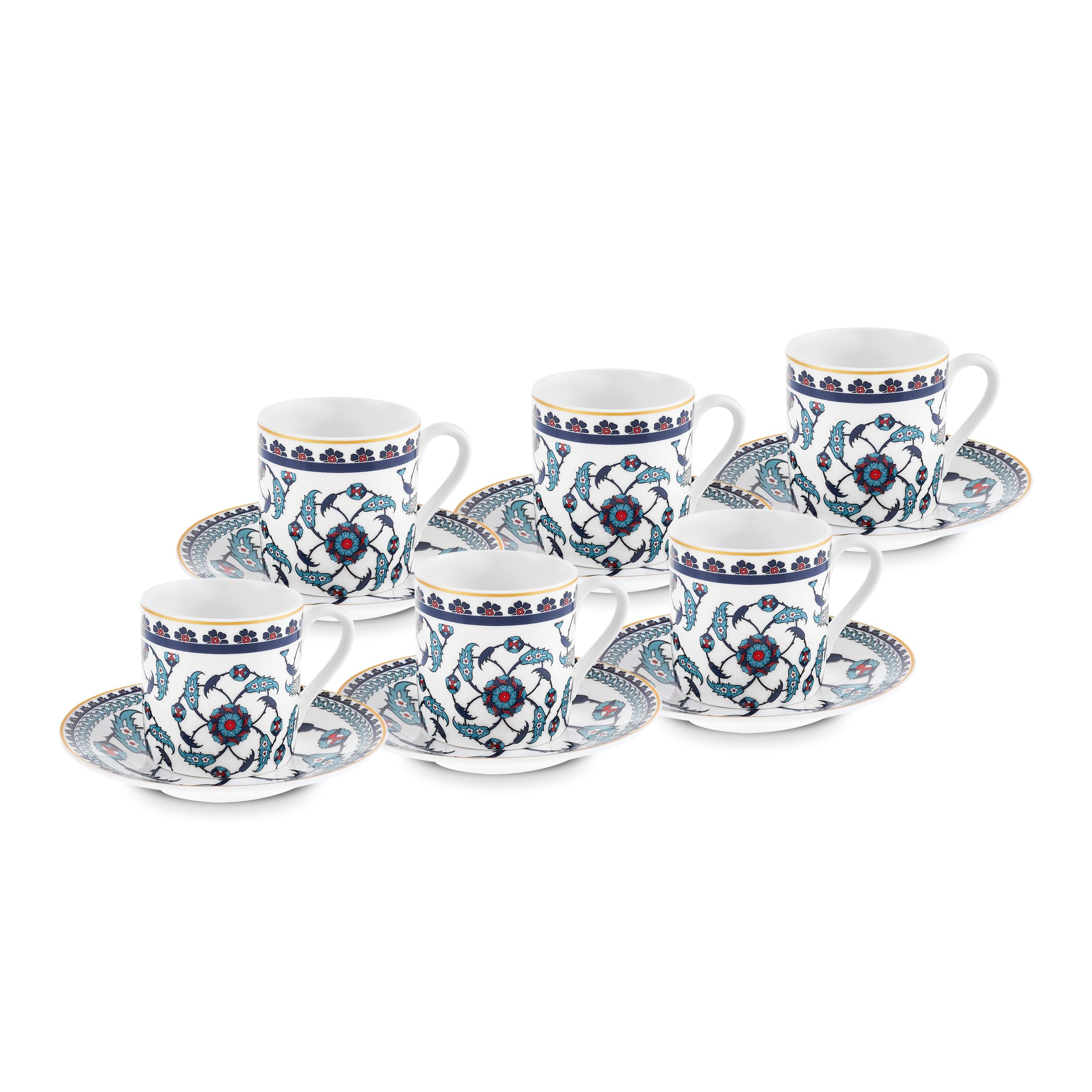 KARACA Rumi 12-Piece Bone China Turkish Coffee Cup Set for 6 People, 80ml, Espresso Coffee Cups and Saucers, Multi