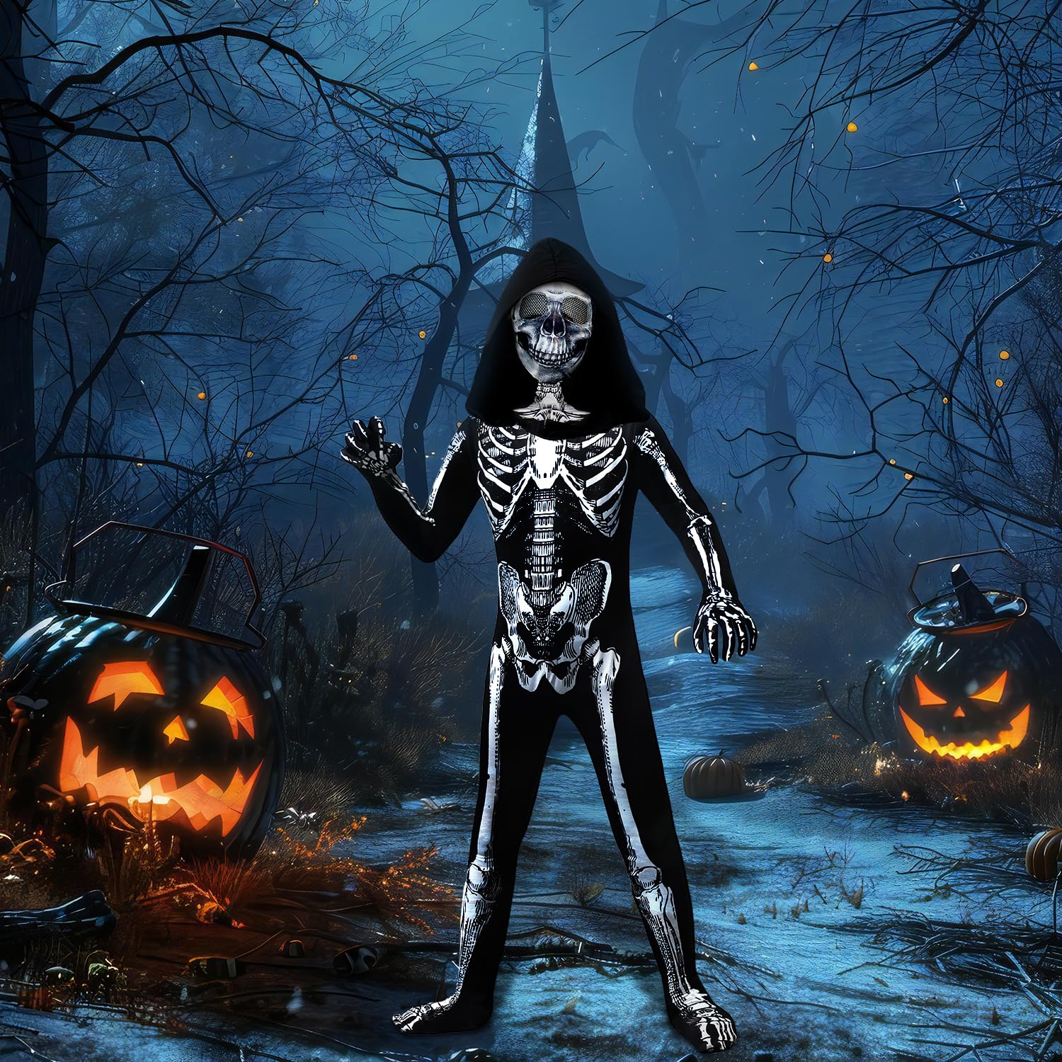 Disfraz de esqueleto de Halloween para niños, disfraz de esqueleto con capucha, huesos con máscara para niños y niñas, disfraz de cosplay de Halloween