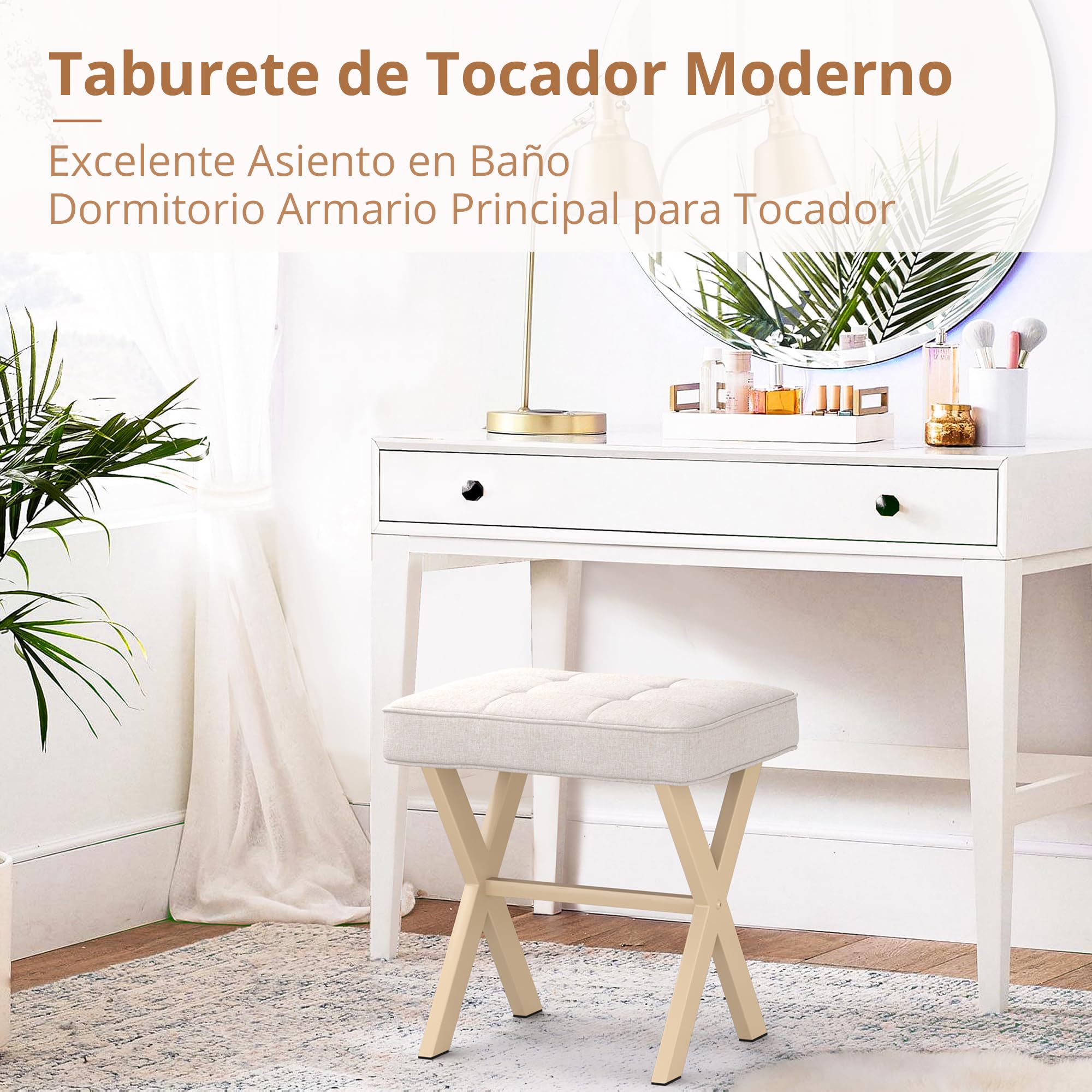 LUE BONATaburete acolchado de maquillaje con patas en X, otomano, reposapiés, de lino para salón, dormitorio, 43 x 33 x 46 cm, arena de lino