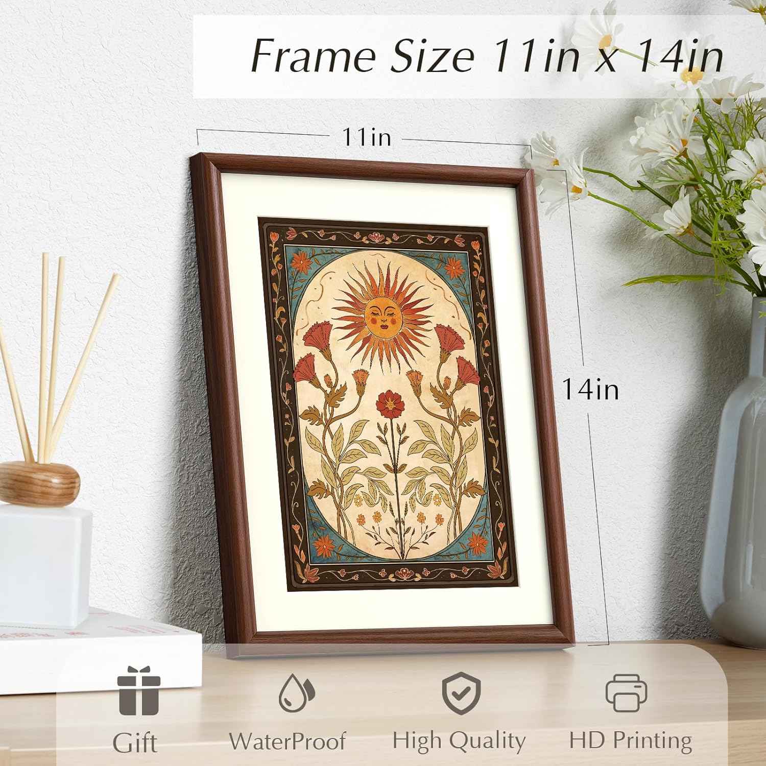 InSimSea Brown Framed Canvas Wall Art, Bedroom Small Vintage Art,11x14in, Retro Sun floral Paintings Prints, Country Bohemian Shelf Decor for Living Dining Room Hallway, Anti-dust(with acrylic panel)