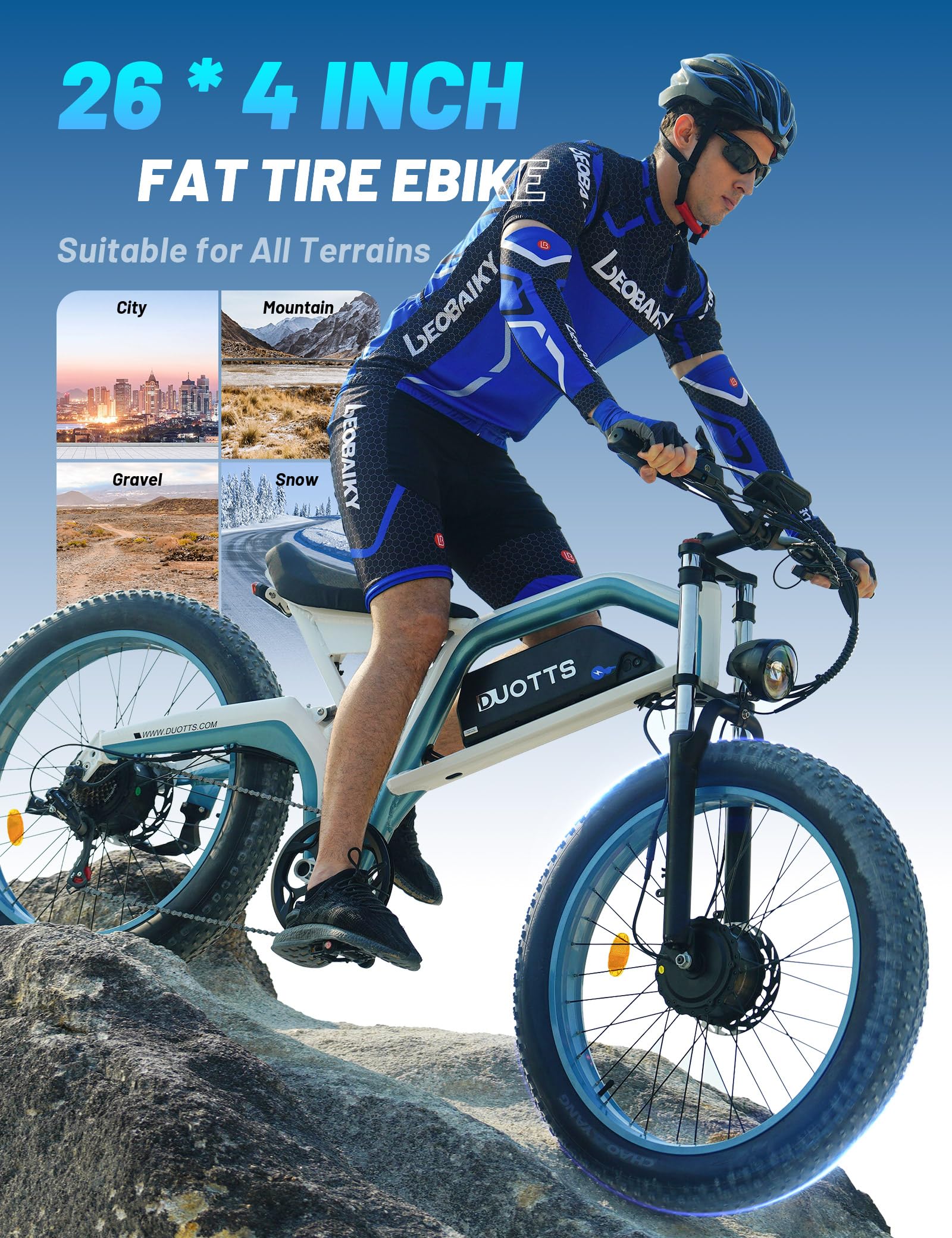 N26 Bici Elettrica Doppio Motore Uomo, Fat Tire 26 x 4.0 Ebike Mountain con 250W Batteria 48V 20Ah, Autonomia di 120Km (PAS), Adatta al Fuoristrada con Sospensioni Idrauliche & App Bluetooth