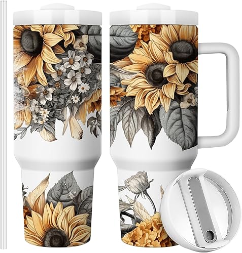 Miniatura 7 de Vaso de viaje floral de acero inoxidable de 40 onzas con asa, taza aislada al vacío de doble pared con tapa y popote