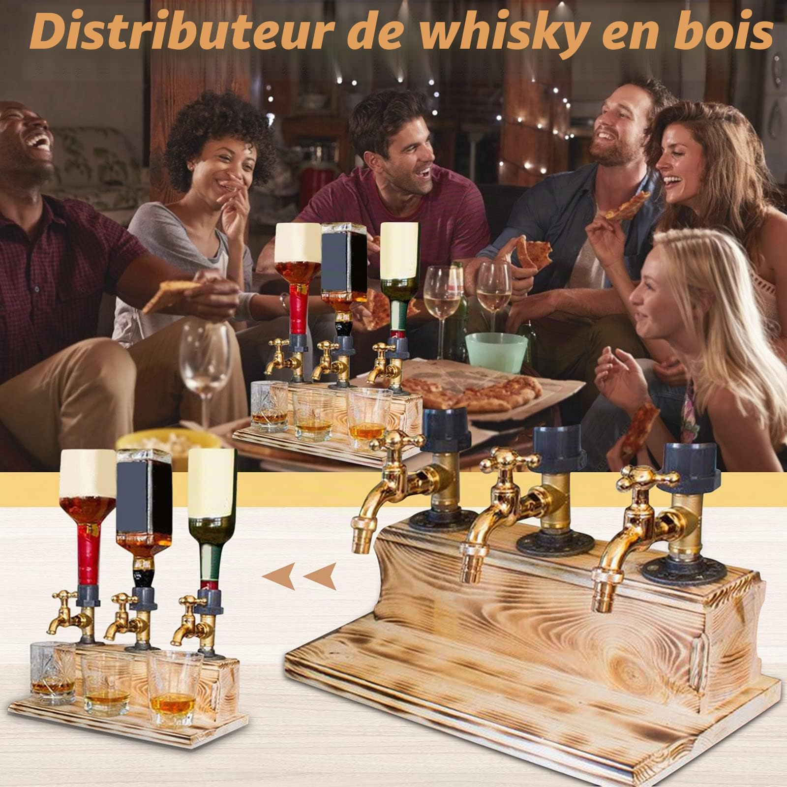 Doseur，Distributeur en Bois Bar Doseur Alcool Bar Verseur 3 Bouteilles Distributeur d'alcool Professionnel Forme de Robinet pour Boissons de fête Casiers à vin Distributeur de Cocktails Port (#A)