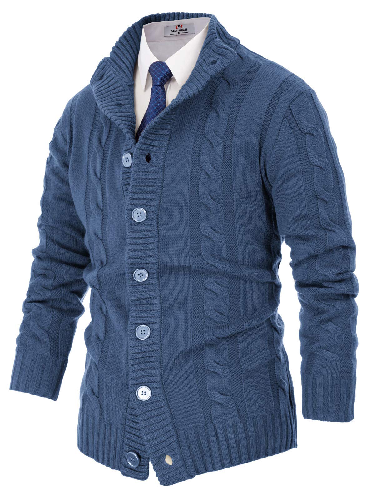 PJ PAUL JONES Cardigan da uomo con chiusura a bottoni, motivo a treccia, con colletto alto a coste, per autunno e inverno