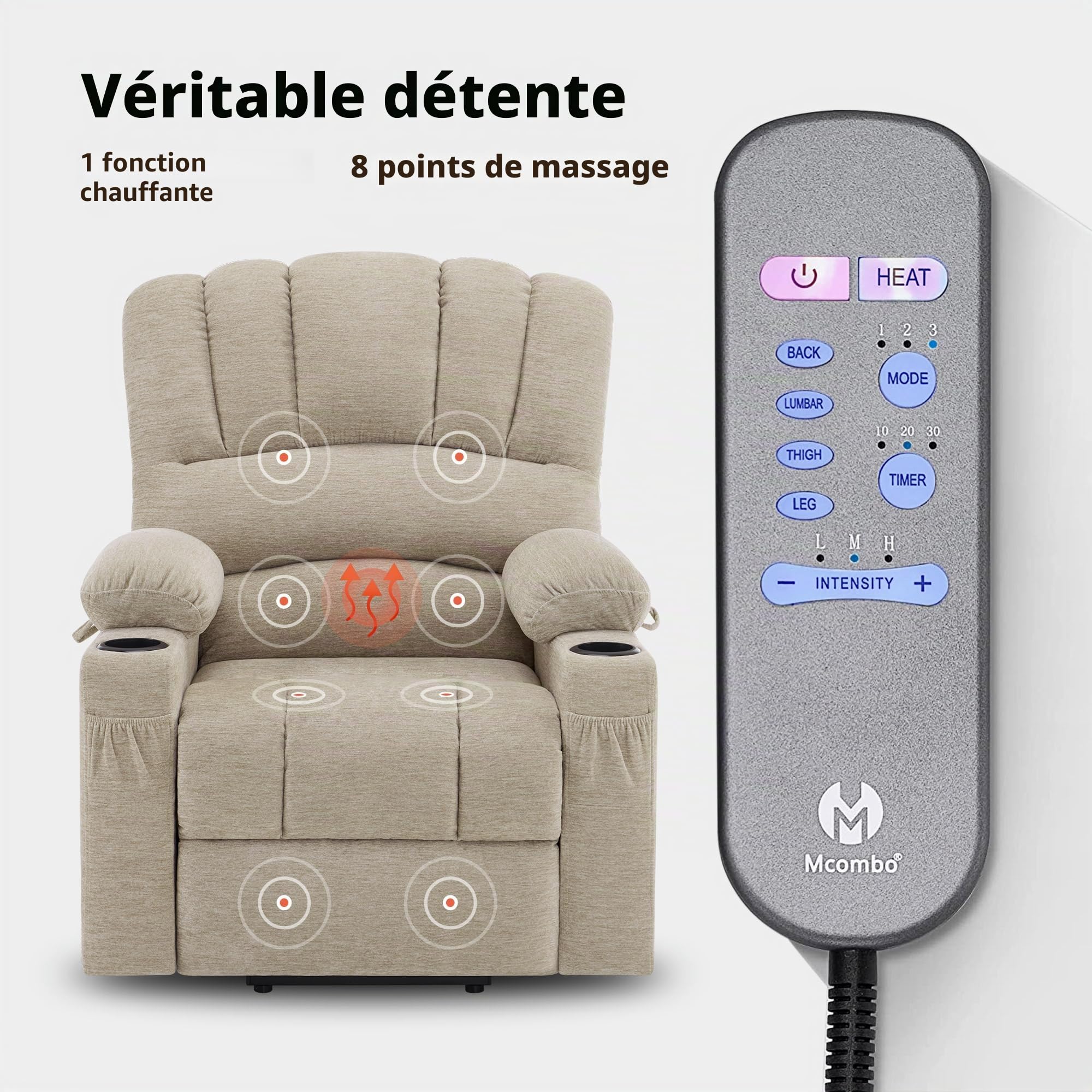 M MCombo Fauteuilavec Aide à se Lever électrique, Fauteuil Relax avec Fonction inclinable, Fauteuil de Massage avec Fonction de Chaleur, pour Le Salon des Seniors, 7102 (Tissu, Beige)