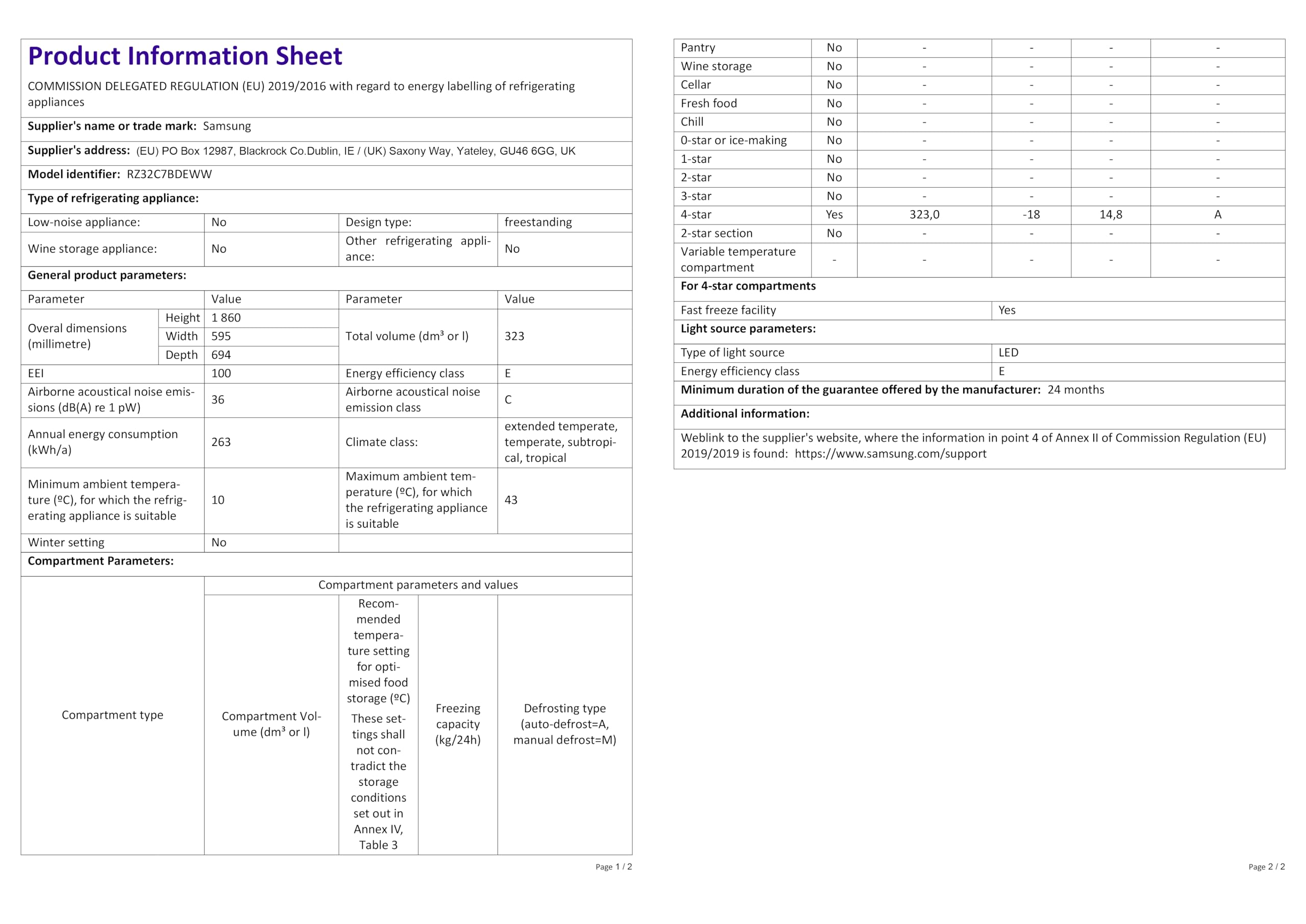 Samsung RZ32M7125WW/EU Freestanding Tall Freezer, Frost Free, 323L