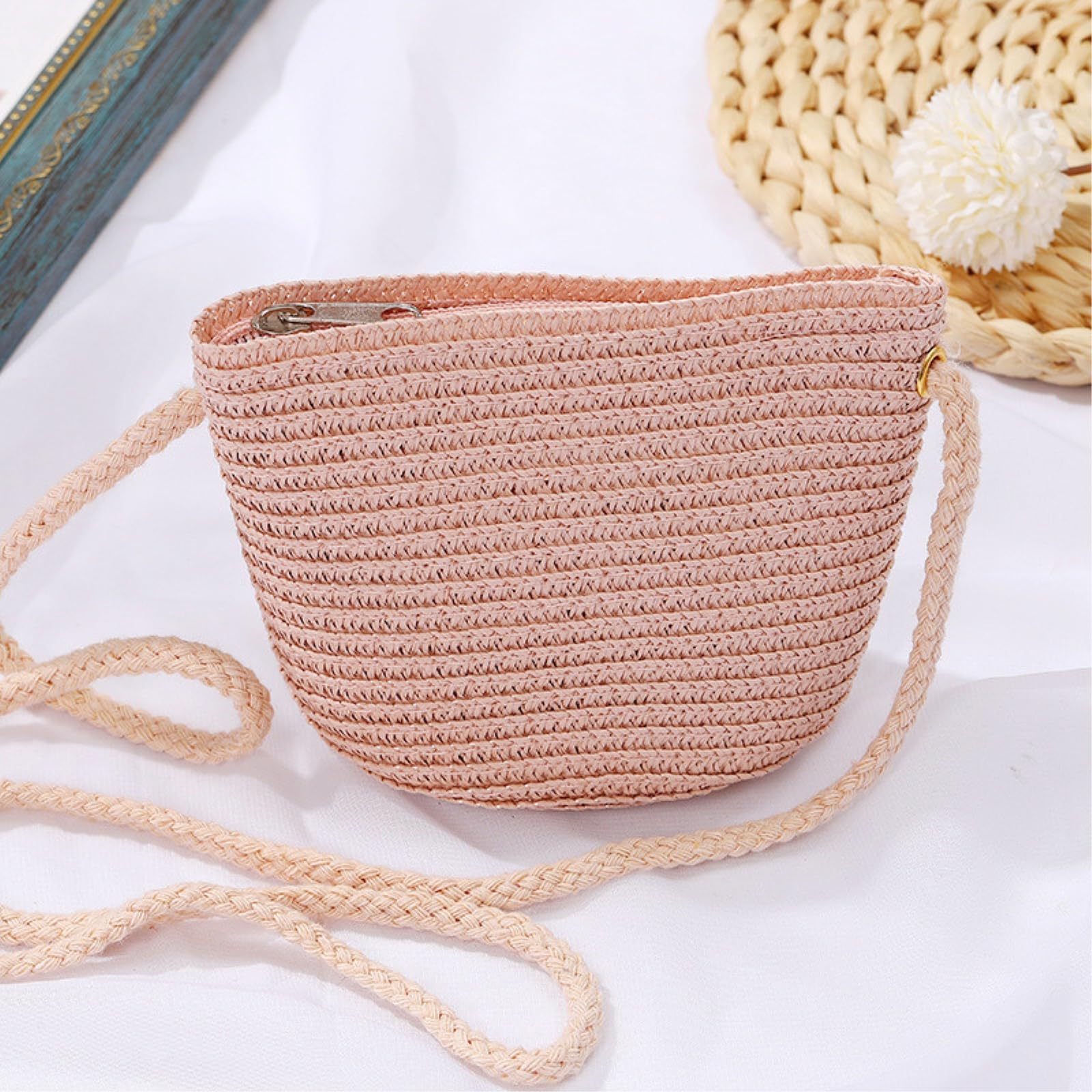 Borsa di Paglia Donna Borse Paglia, Cartone Leggero, Viaggio All'aperto Spiaggia Estate-pink-14x5x16 5cm