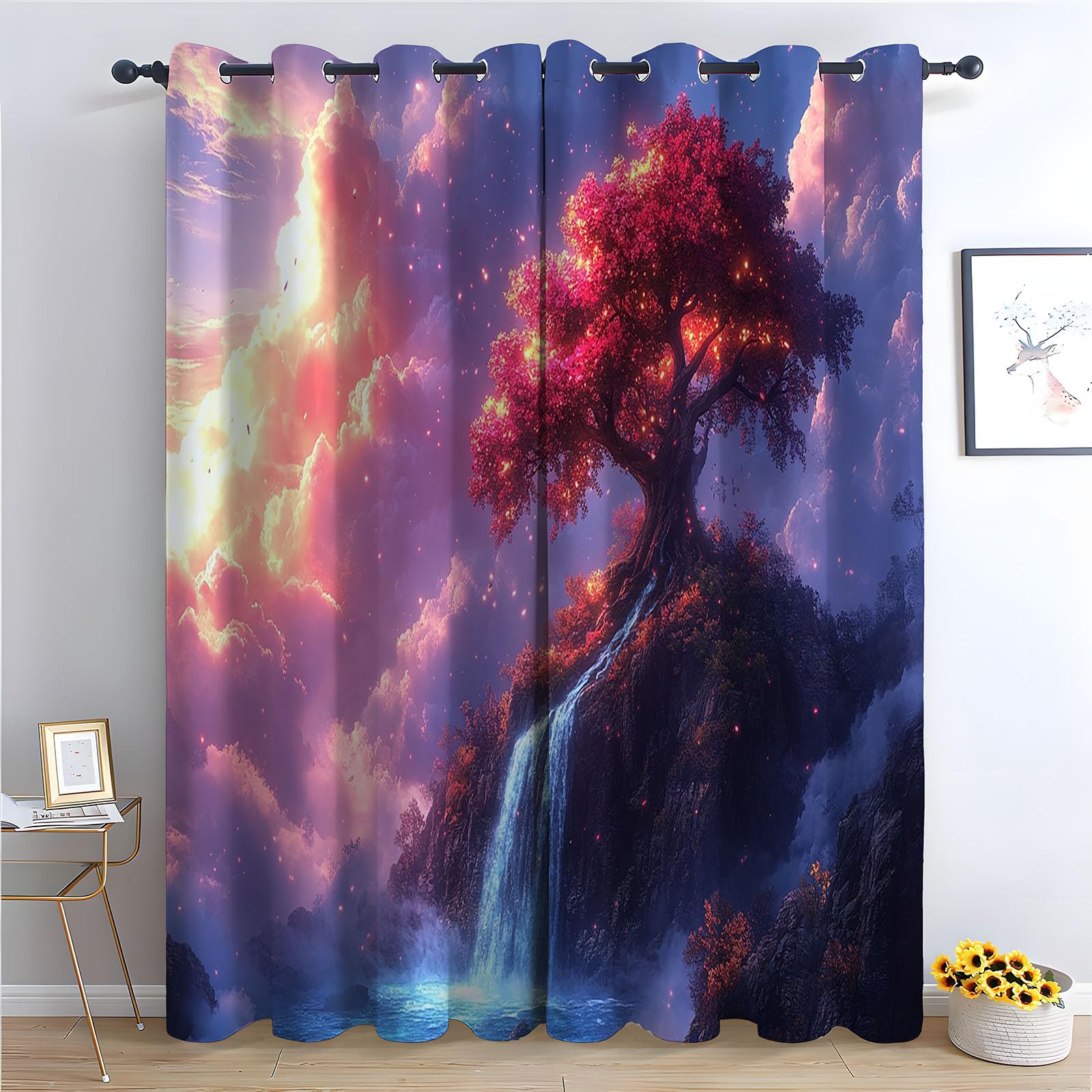 TERUEA Forest Curtains Fantasy waterfall red blossom tree pink sunset cloud Thermal Insulated Blackout Curtains Darkening Window Drapes for Bedroom Living Room-63 W x 90" L (Pack of 2)