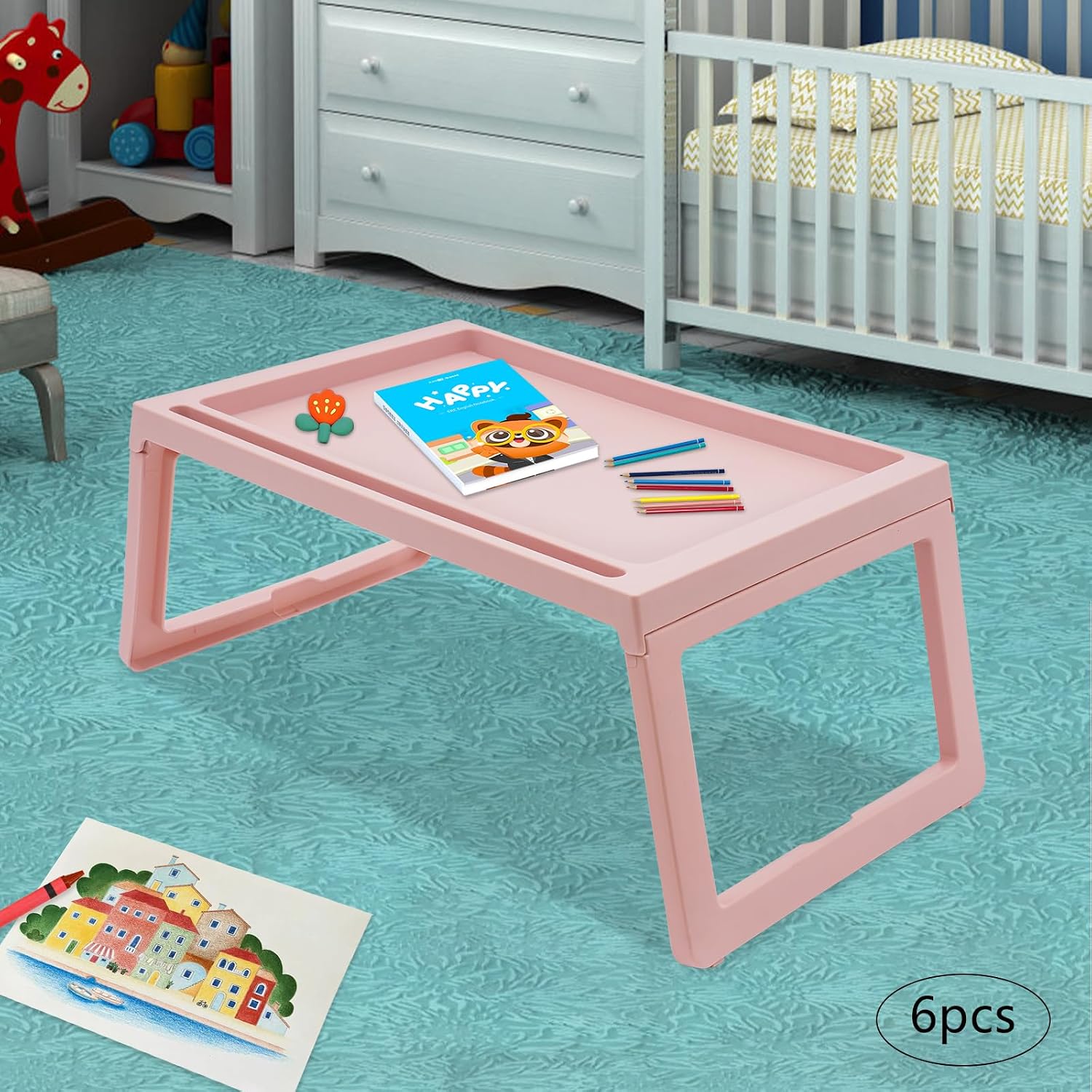 6pcs Pink Lap Desk with 15.43 LBS Load Capacity, Foldable Tray Table with Tablet Slot and Charging Hole, Raised Edge and Rounded Corners for Kids Bed Sofa School Home Office