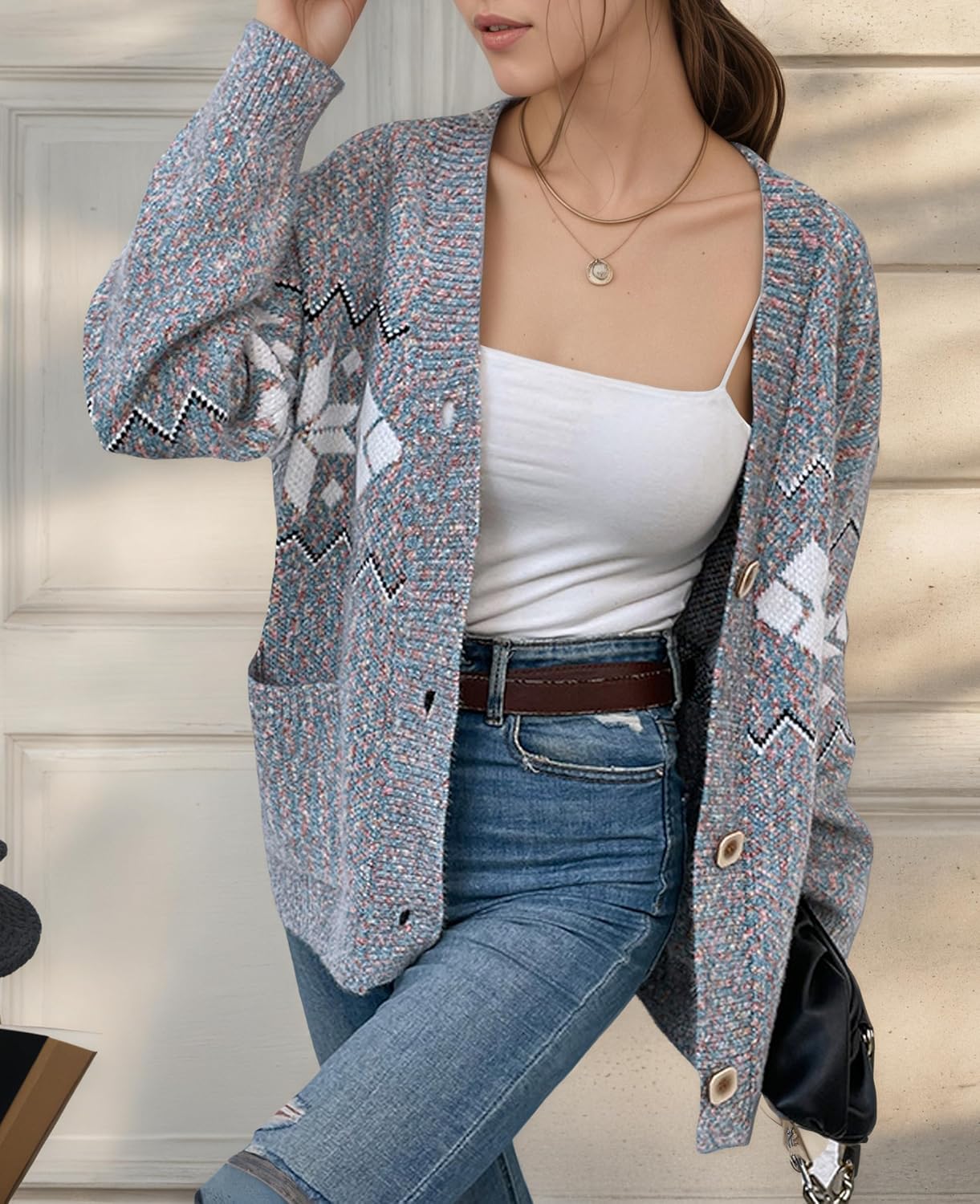 Women Christmas Sweater Fall Winter Fair Isle Snowflake Knit Button Up Long Sleeve Cardigan Winter Holiday Outfit - Image 3