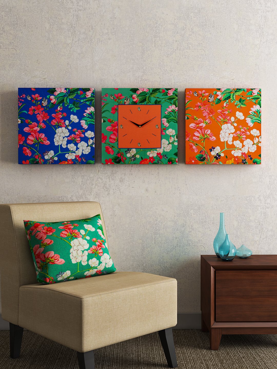 SEJ by Nisha Gupta Wood 1 Wall Clock with 2 Wall Arts (Multicolour) - Set of 3