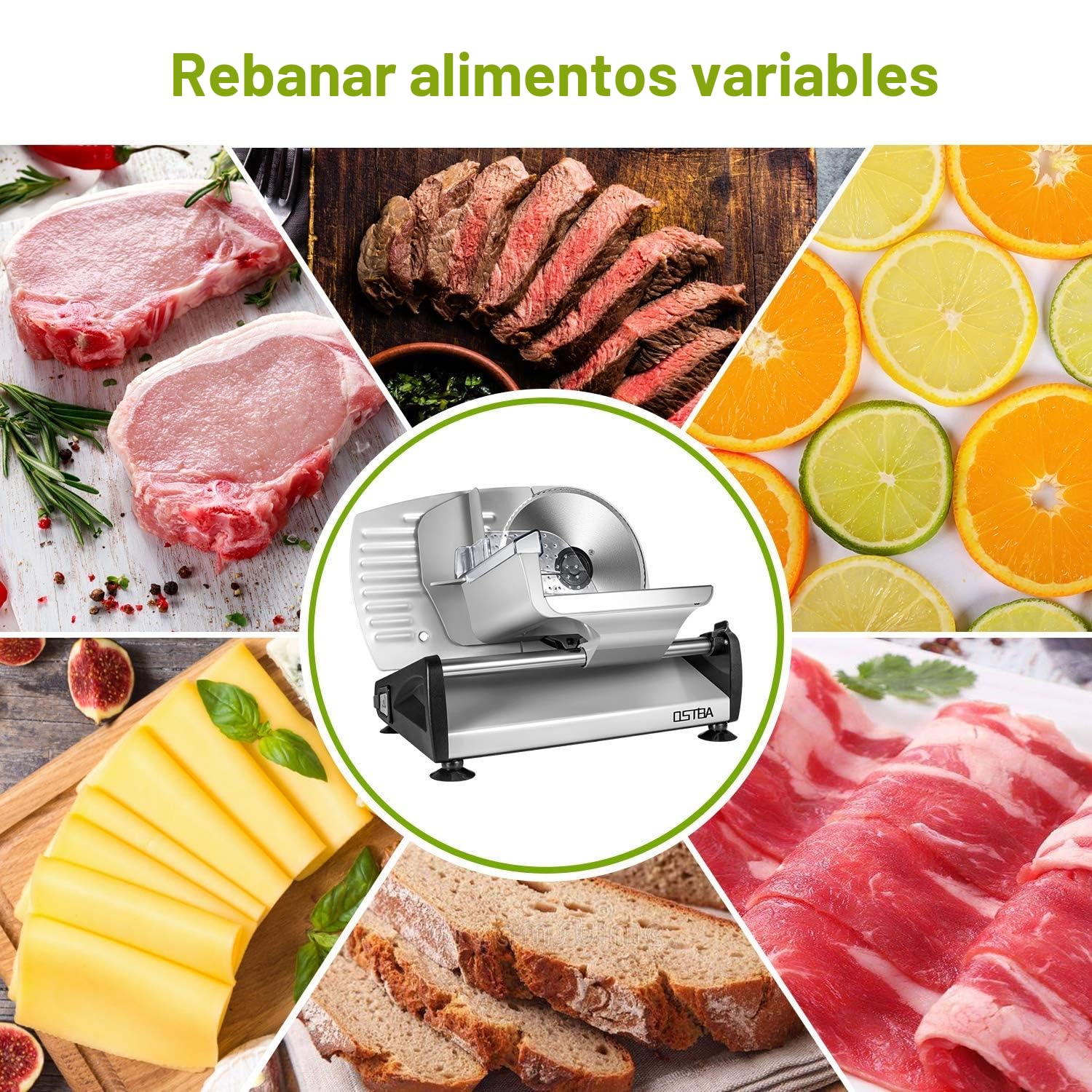 OSTBA - Cortafiambres Eléctrico OSTBA, Maquina de Cortar Fiambre, 150W, Cuchillas de Acero Inoxidable, Sistema Protector de Manos, Sistema Extrafino de Corte para Embutido
