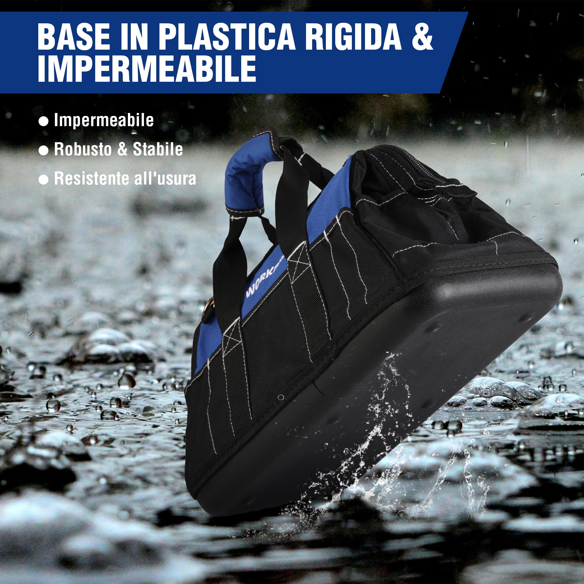 WORKPRO Borsa porta Attrezzi Lavoro a Bocca Ampia 40 x 22 x 26 cm, Multitasche per Impieghi Pesanti, con Base Rigida in Plastica Impermeabile, Portautensili