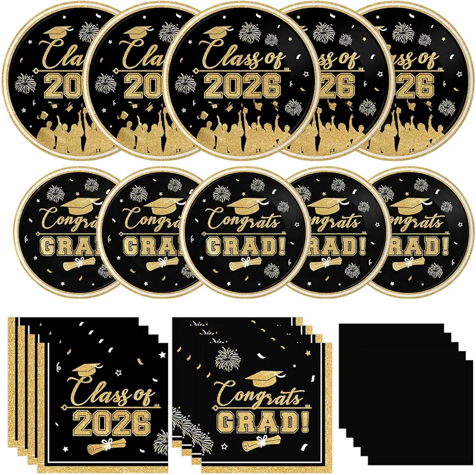 Class of 2026 Graduation Party Supplies - Congrats Grad Tableware Set, Black and Gold Paper Dessert Plates and Napkins for Graduation Table Decorations 2026 Grad Party Decor, Serves 25