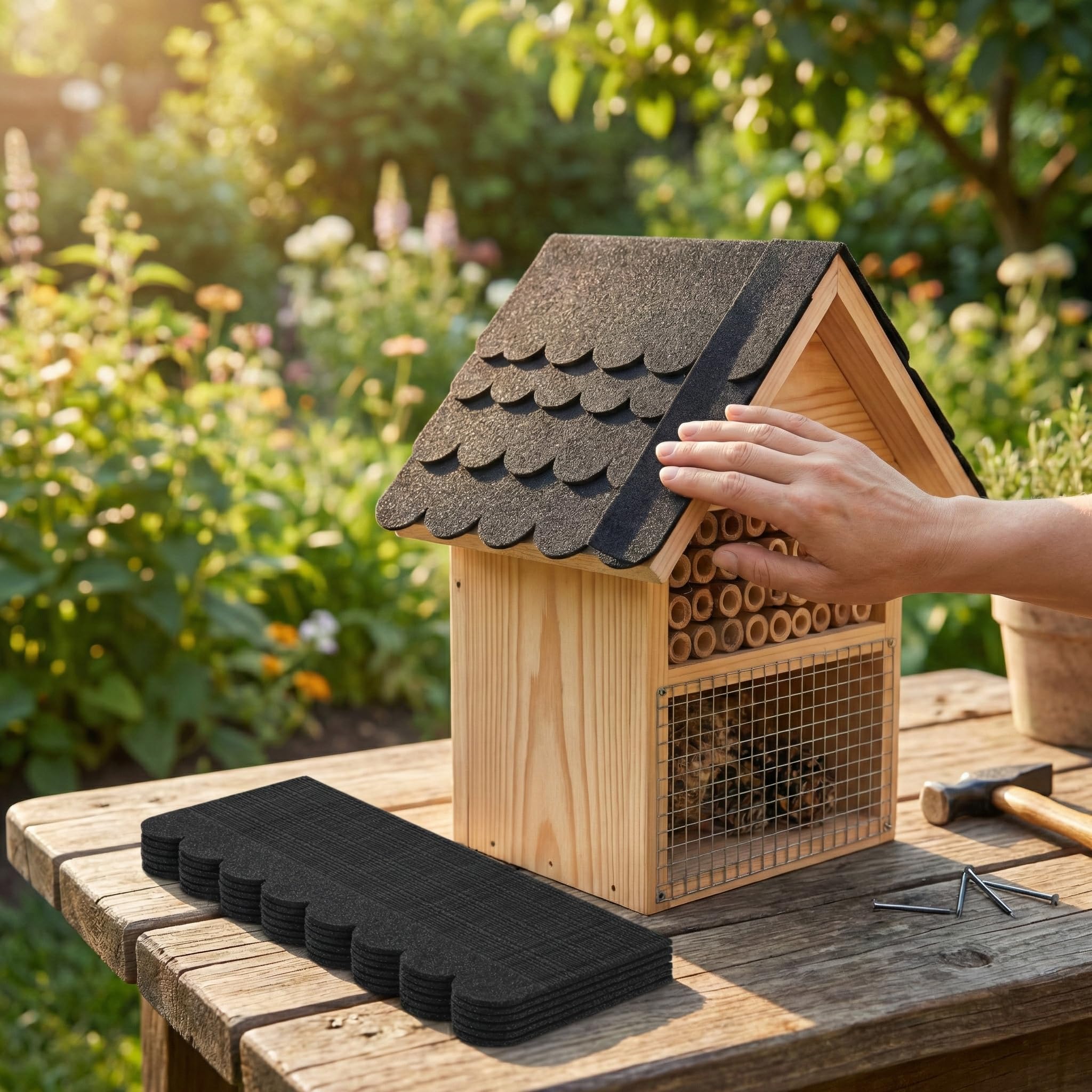 Dachpappe Vogelhaus autoadesiva set 30 pezzi, tegole bituminose nere per tetto casetta uccelli: 25 strisce 300x50 mm + 5 colmi 300x110 mm, impermeabile per mini costruzioni