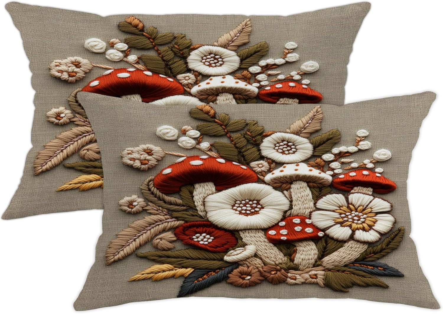 Mushroom Embroidered Printed Throw Pillow Covers Set of 2, Beige Floral Decorative Cushions for Fall Home Decor, Cozy Rustic Cottage Style for Sofa Couch Bed 26x26 Inch