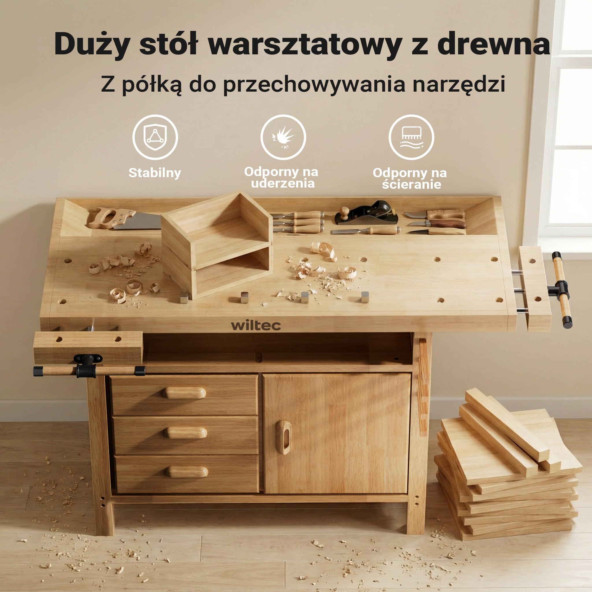 Wiltec Strugnica stół warsztatowy z drewna 126x50x84cm ława stolarska imadła haki szuflady i półka