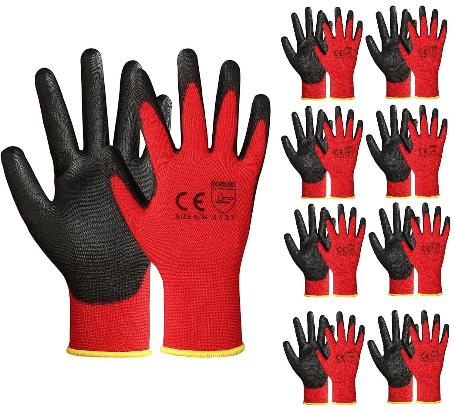 A406 24 Pair Red Nitrile Coated Work Gloves - Medium, Ideal for Gardening, Construction & Warehouse Use