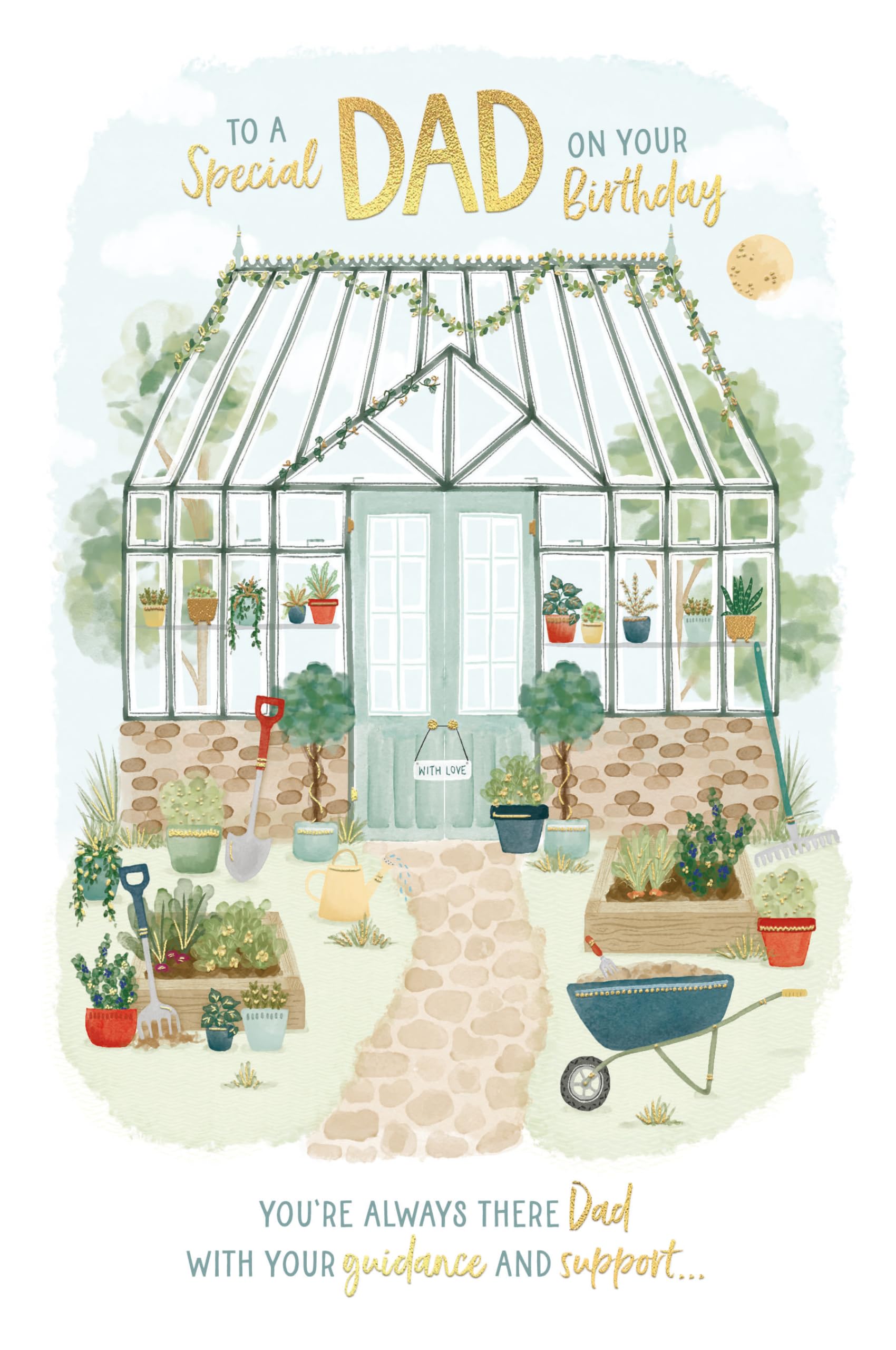 Luxury Birthday Card 'To A Special Dad', Greenhouse And Garden Design With Foil Detail By Wishing Well Studios, Size 6 X 9 Inches