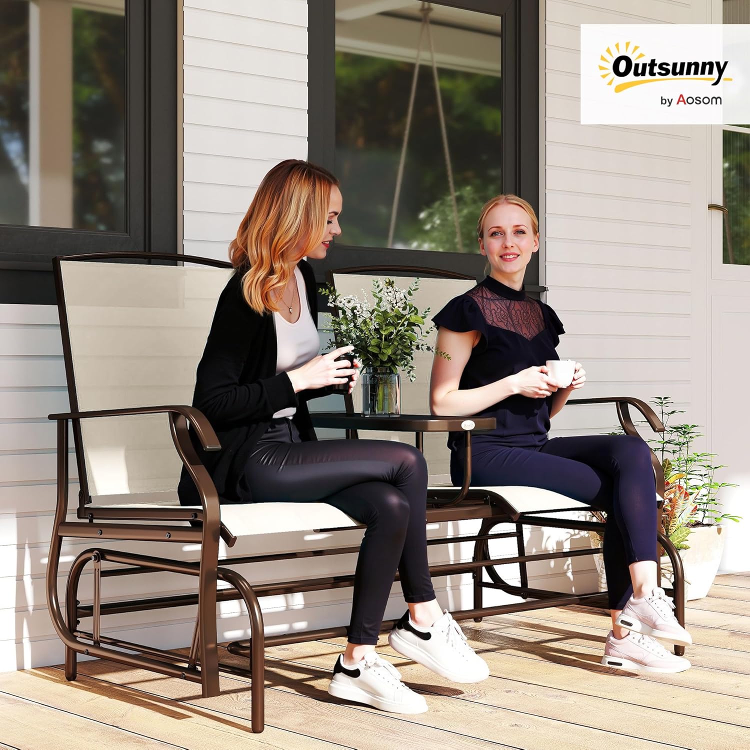 Outsunny Outdoor Glider Bench with Center Table, Metal Frame Patio Loveseat with Breathable Mesh Fabric and Armrests for Backyard Garden Porch, Beige