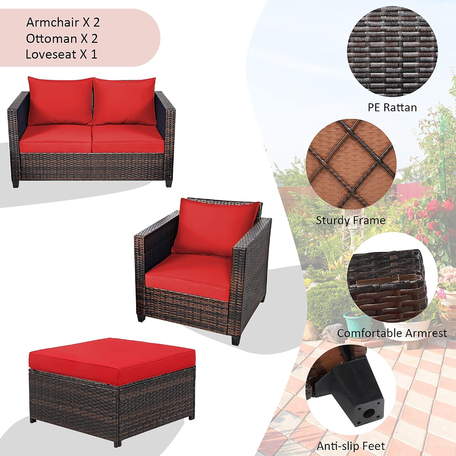 DORTALA 5-Piece Outdoor Patio Conversation Set, Loveseat and 2 Ottoman, Outdoor Sectional Rattan Sofa Set, Multifunctional Rattan Furniture Set Suitable for Home Backyard Garden Poolside Balcony, Red