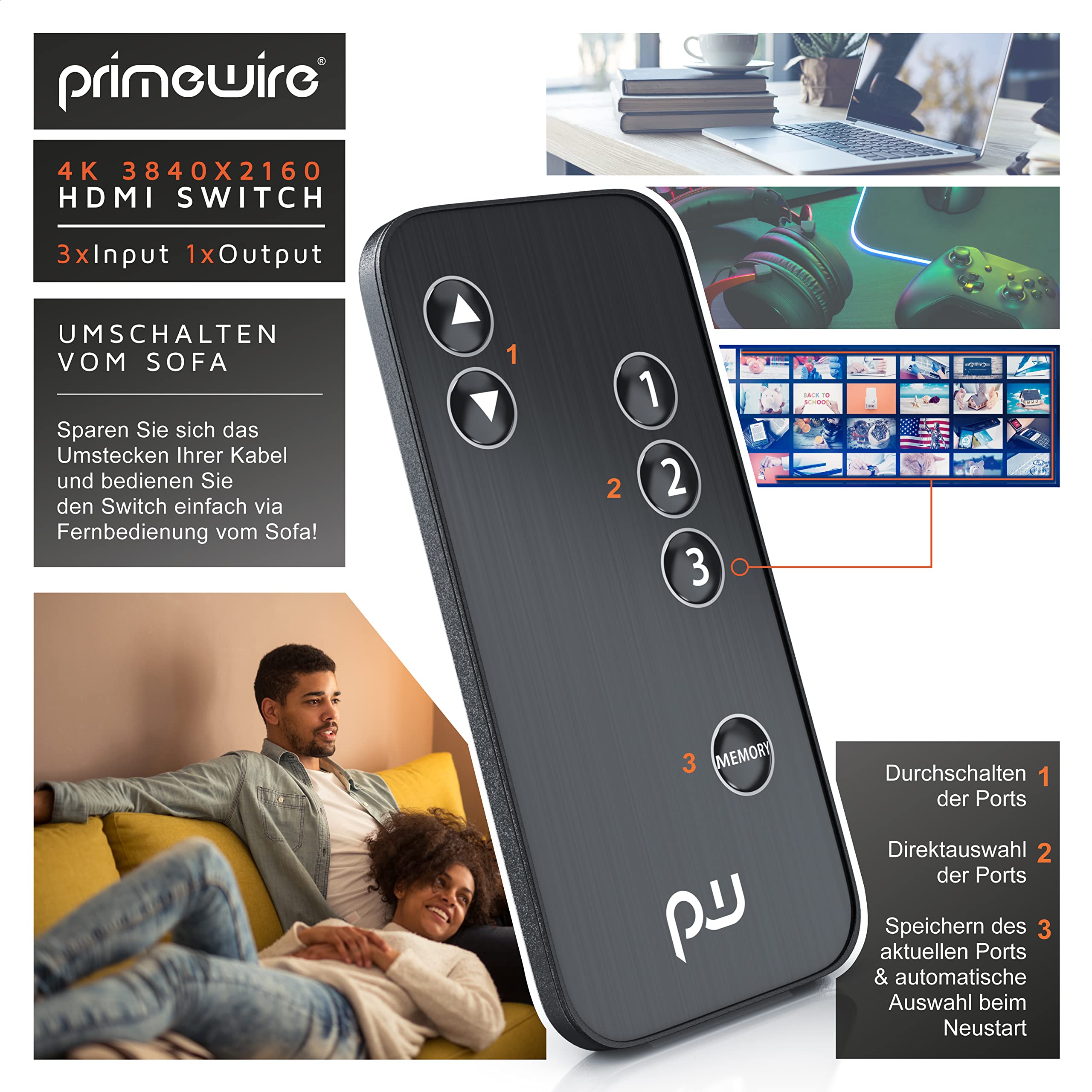 CSL - HDMI 2.0 Verteiler 4k 60Hz - 3 Port Switch mit Fernbedienung - 2.0b Ultra HD 4096x2160 3840x2160 - HDR - 3D Ready - HDCP - 48 Bit Deep Color - automatische Umschaltung -mit Netzteil