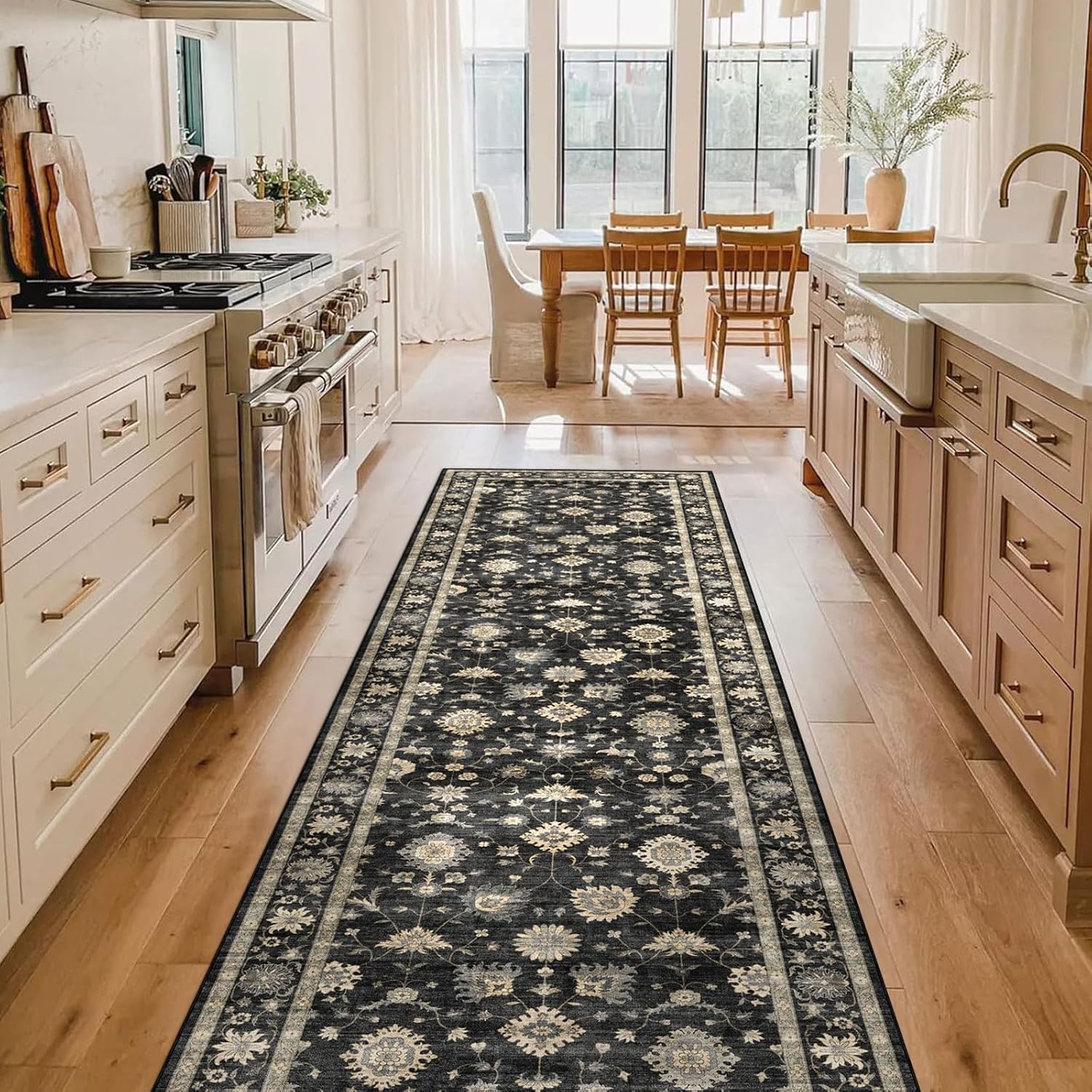 LUXRUG Runner Rugs for Hallway 2.5x10ft - Long Non-Slip Charcoal Black Washable Boho Runner Rug Low Pile Soft Vintage Farmhouse Traditional Moody Carpet for Kitchen Living room Indoor Entryway Bedroom