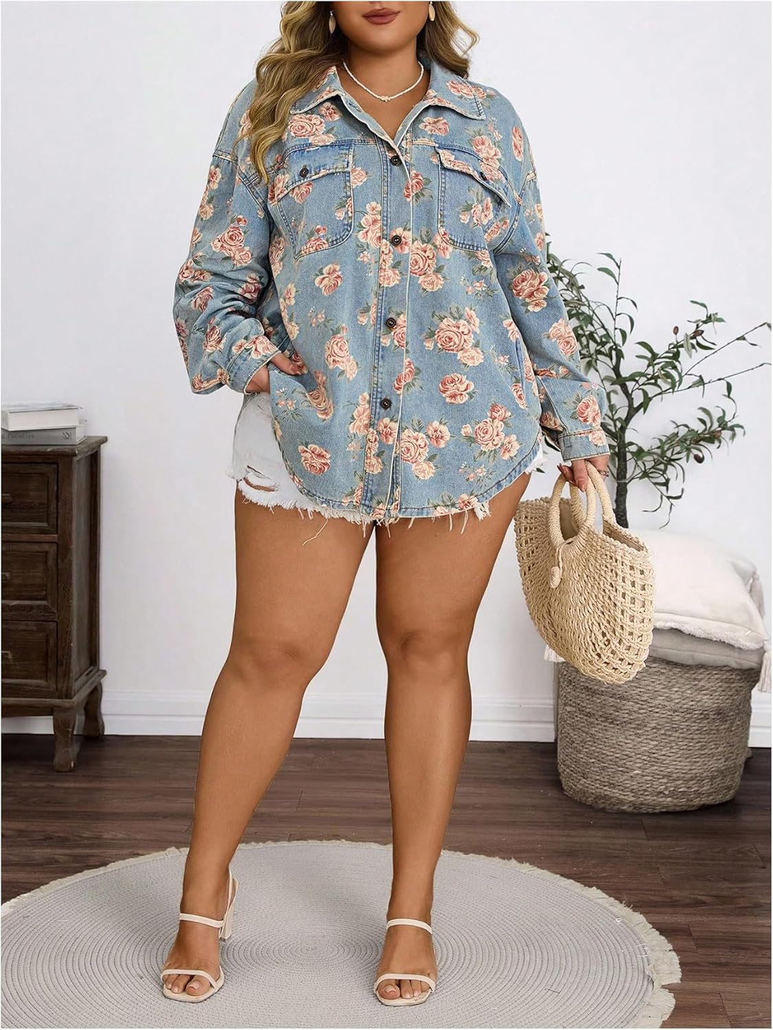 WDIRARA Women's Plus Size Floral Denim Jacket Long Sleeve Collared Jean Jackets