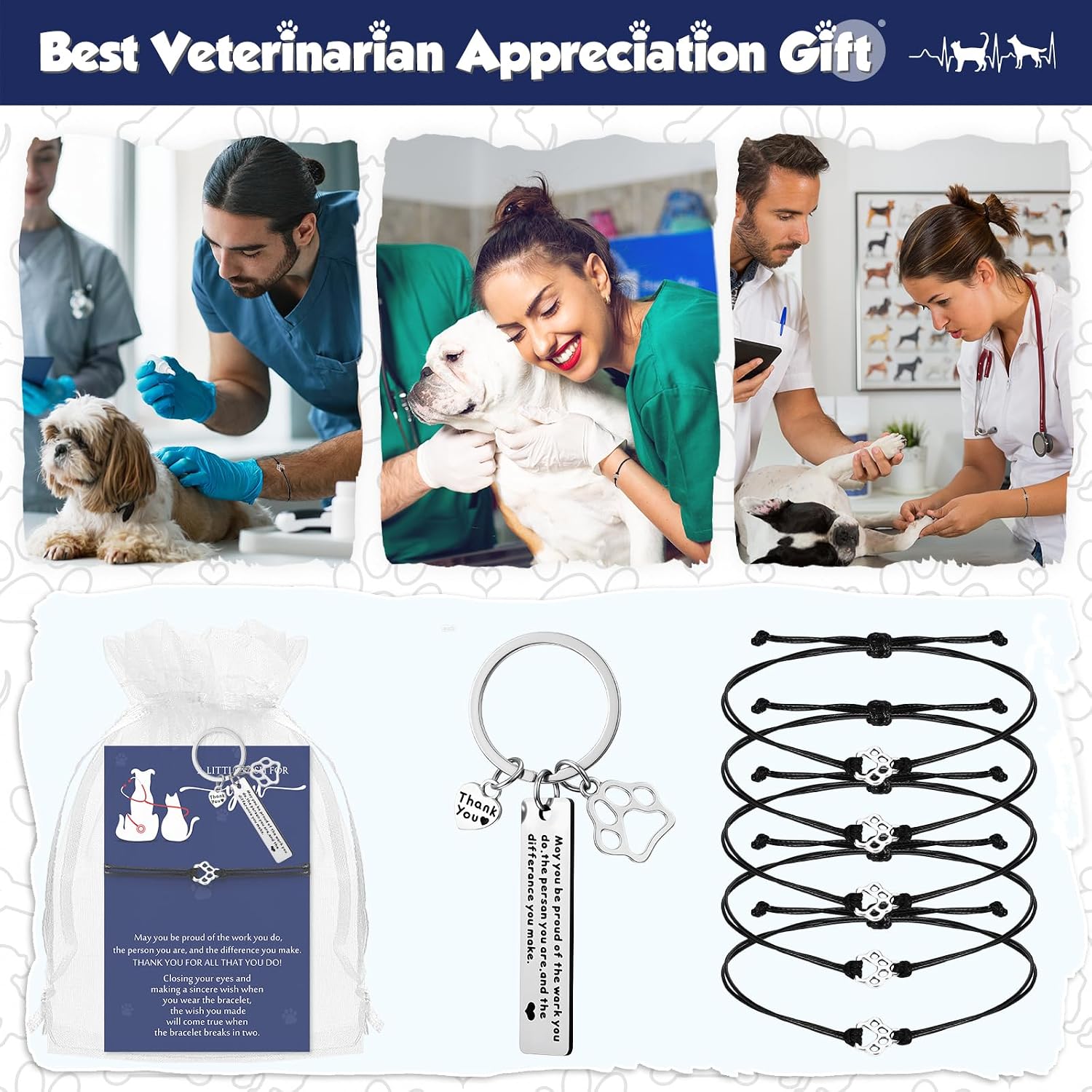 Vet Tech Appreciation Gift Veterinary Keychain Paw Bracelet with Card for Graduation Nurse Coworkers Team