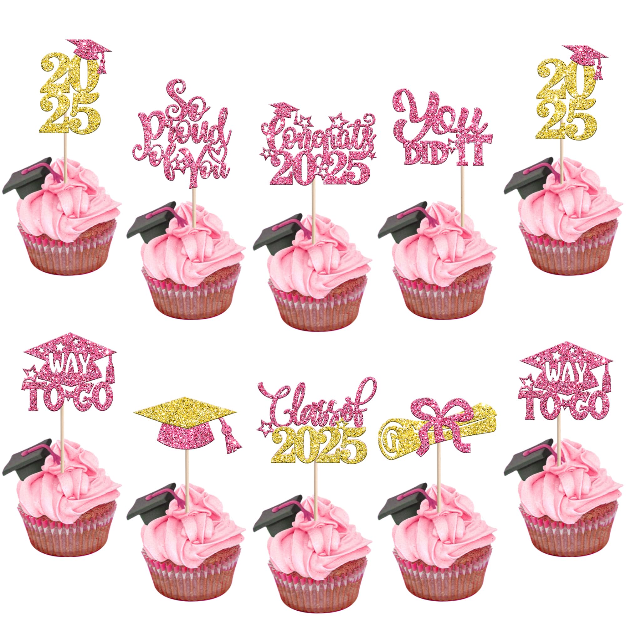 Rsstarxi 24 Pack Congrats Grad 2025 Graduation Cupcake Toppers Class of 2025 Cake Decorations Way to Go Cap Diploma Cupcake Picks for So Proud of You