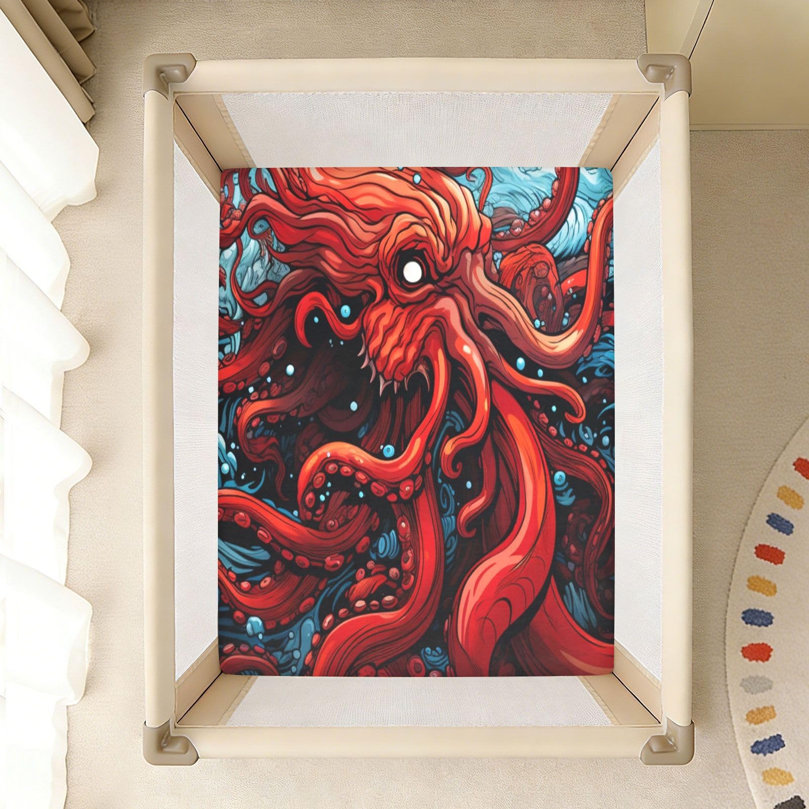 Pulpo Rojo Mar Oscuro Sábana de Cuna para Niños Pequeños,Sábanas de Algodón Suave para Bebés Aptas para Colchón Corralito