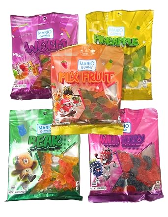Marios-Halal Gummy Candy Variety Pack, Mix Fruit, Worm, Bear, Wild Berry, Pineapple Flavors, Gluten Free, 170g each Bag. Pack of 5