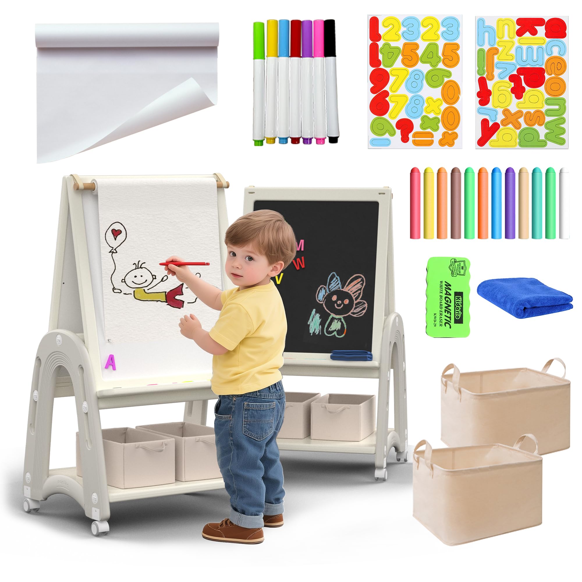 3-in-1 Höhenverstellbare Kinderstaffelei mit Papierrolle, Magnettafel & Kreidetafel, Doppelseitig, mit Malzubehör, Ideal für kreatives Spielen, Weiß