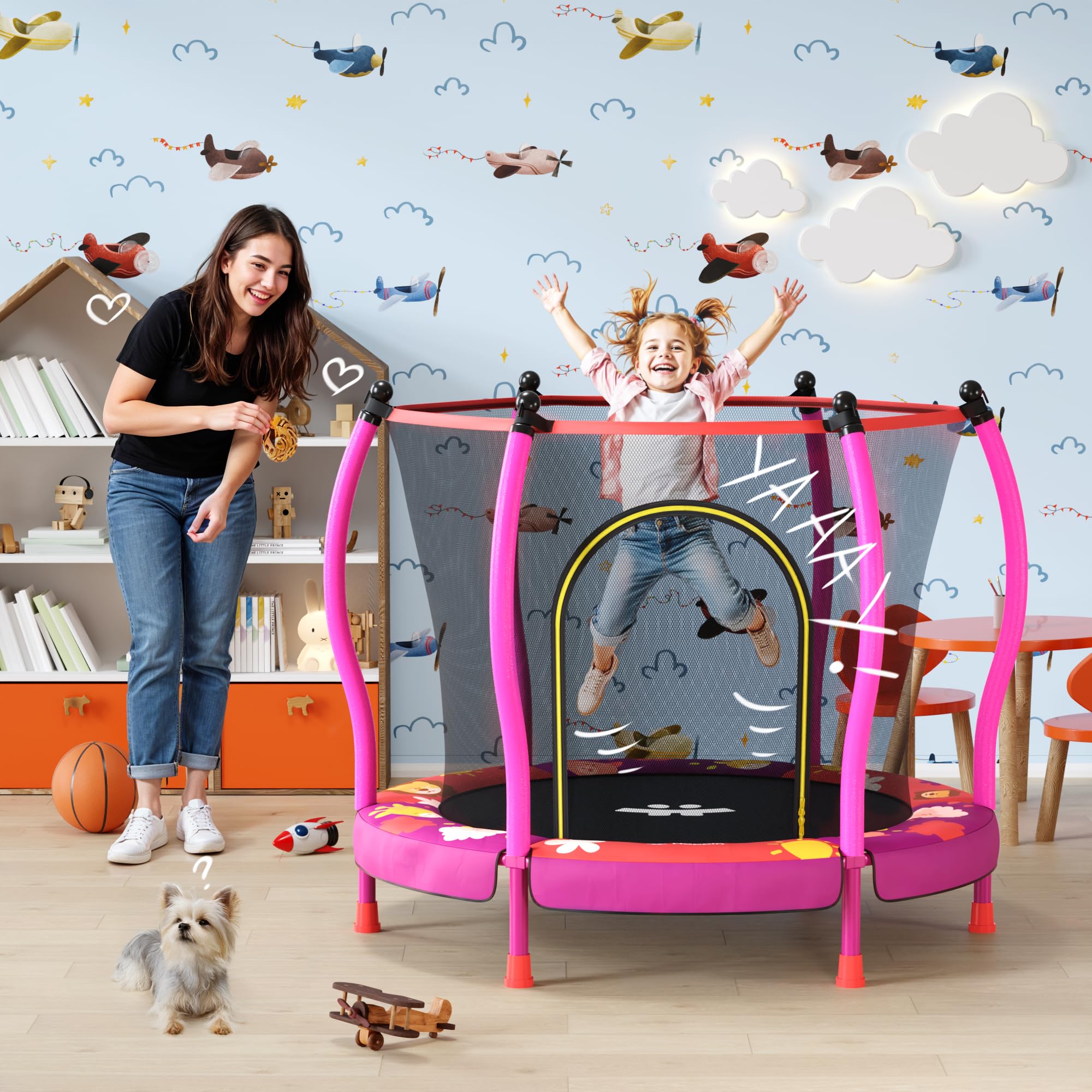Happin 55” Toddler Trampoline Indoor & Outdoor Playset Ages 1-6, 5FT Kids, Ultra Safe Mini Trampoline for Kids with Safety Enclosure Net, Gifts for Birthday with Basketball Hoop