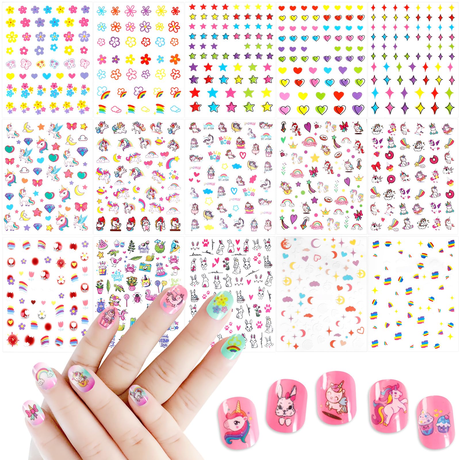 Allstarry Adesivi per Unghie Bambini, 15 Fogli di Nail Stickers per Ragazze Autoadesivi con Animali Arcobaleno Fiori Cuori Stelle e Unicorni Nail Art Facile da Applicare Regalo Compleanno e Natale