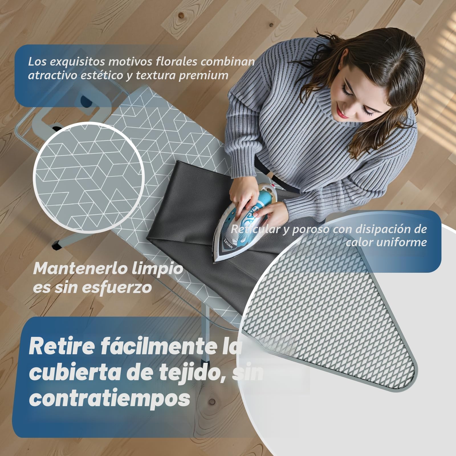 STANEW Tabla de Planchar 120 x 45 cm,Plegable Tabla Planchar,Apto para planchas de Vapor, Sistema de Cierre de Seguridad,Altura Regulable,100% Algodón,con Soporte Sólido Unidad de Vapor(Gris)