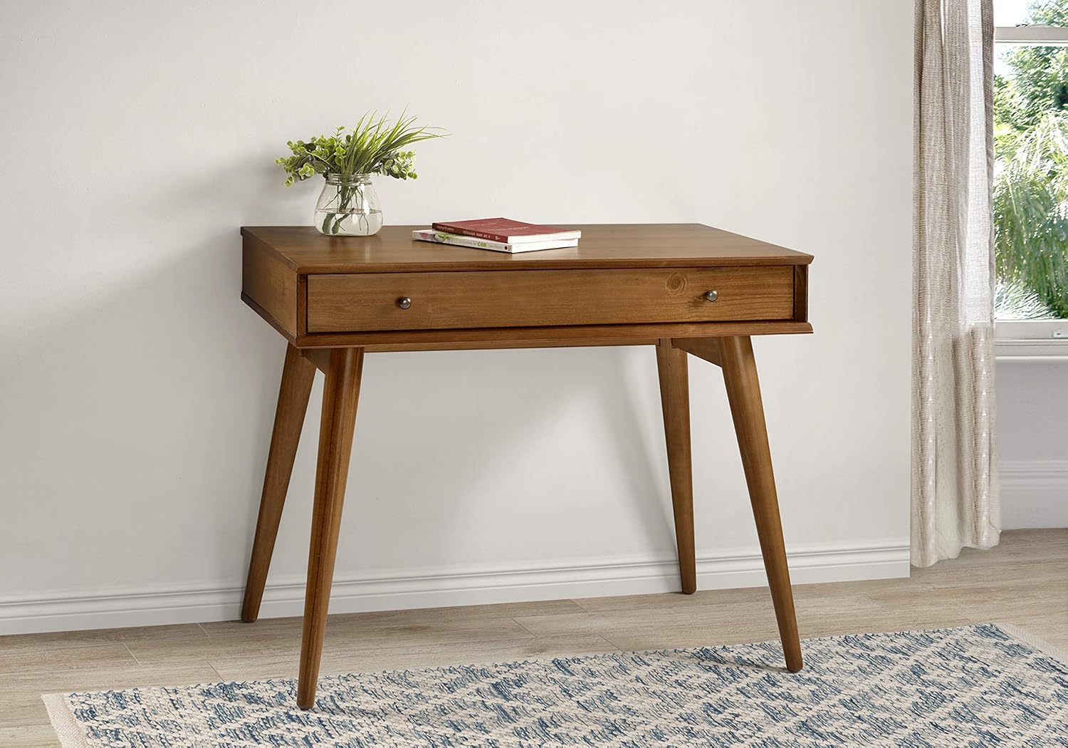 Mid-Century Modern Computer Desk / 35.75"W / Study Writing Table for Home Office / Solid Wood / Natural Variations of Wood Grains / One Drawer / Partial Assembly, Castanho Brown : Home & Kitchen