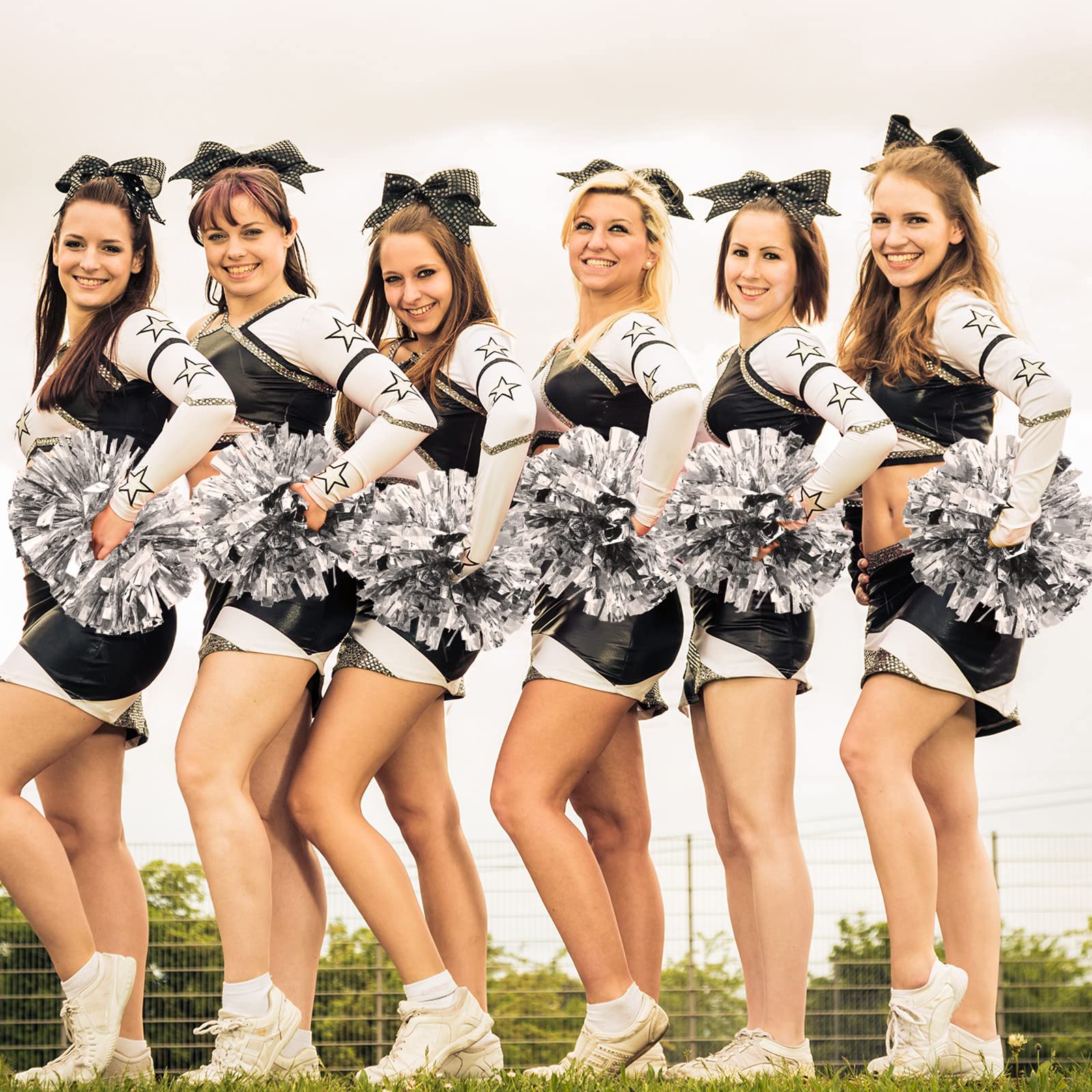 Yunsailing Cheerleading-Pompons mit Taktstockgriff, 36,7 cm, metallisch, Cheering Squad, Pompons für Teamsport, Fußball, Tanzen, Jubeln, Erwachsene, Silber, 24 Stück