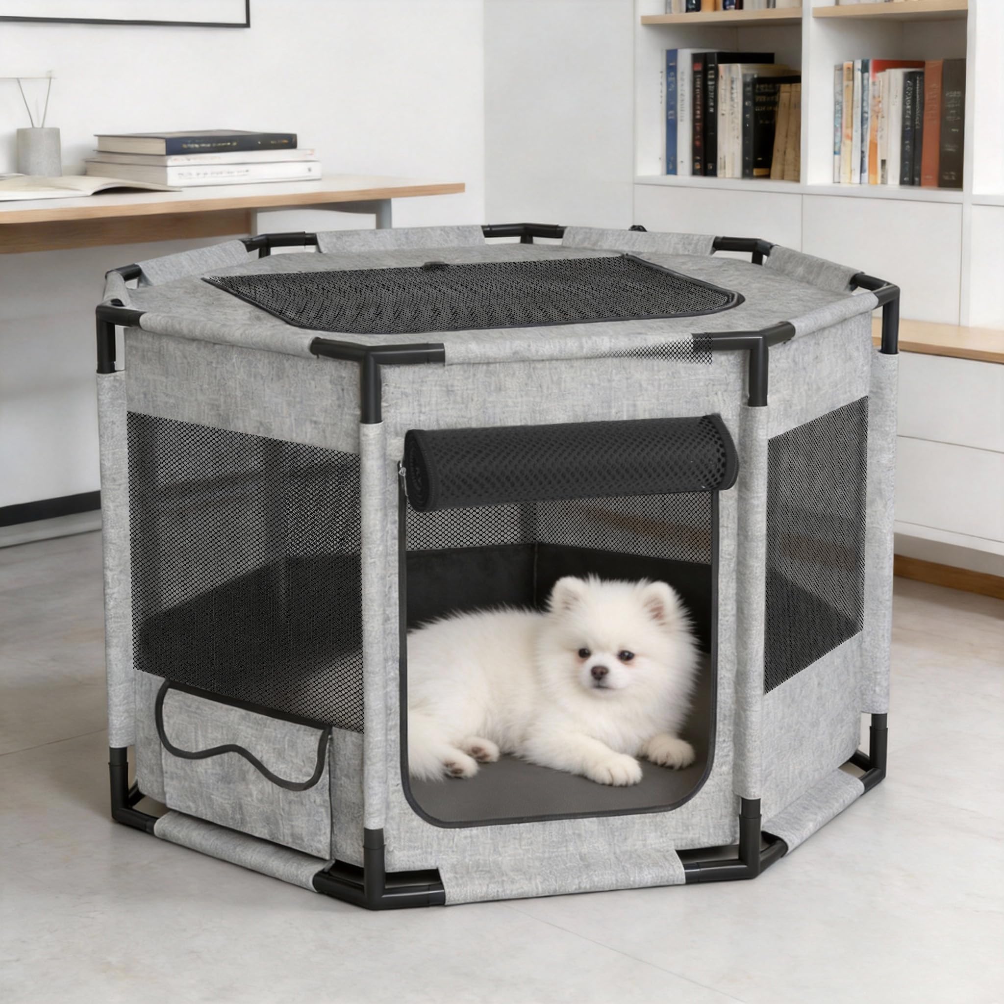 Froadp Jaula móvil para cachorros de tela Oxford 600D con marco de PVC, parque plegable para perros y gatos, con puerta con cremallera y apertura superior, gris, octogonal L