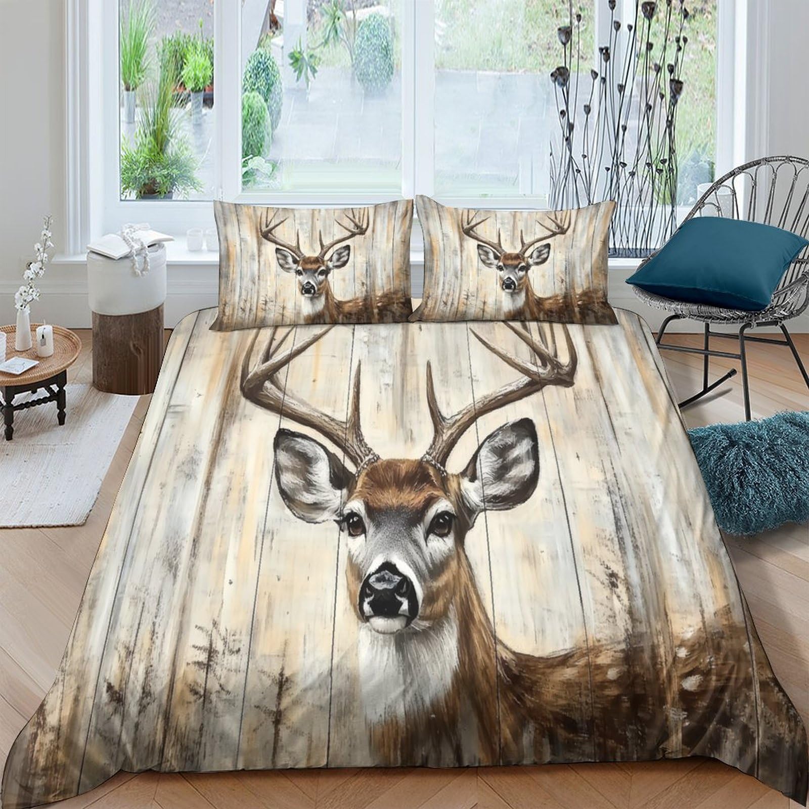 Ctjqhvkz Style-9 3D Printed Deer Antler Fitted Sheet Microfiber Rustic Wood Mattress Cover For Bedroom Guest Room Lodge Decor Single（135X200cm）