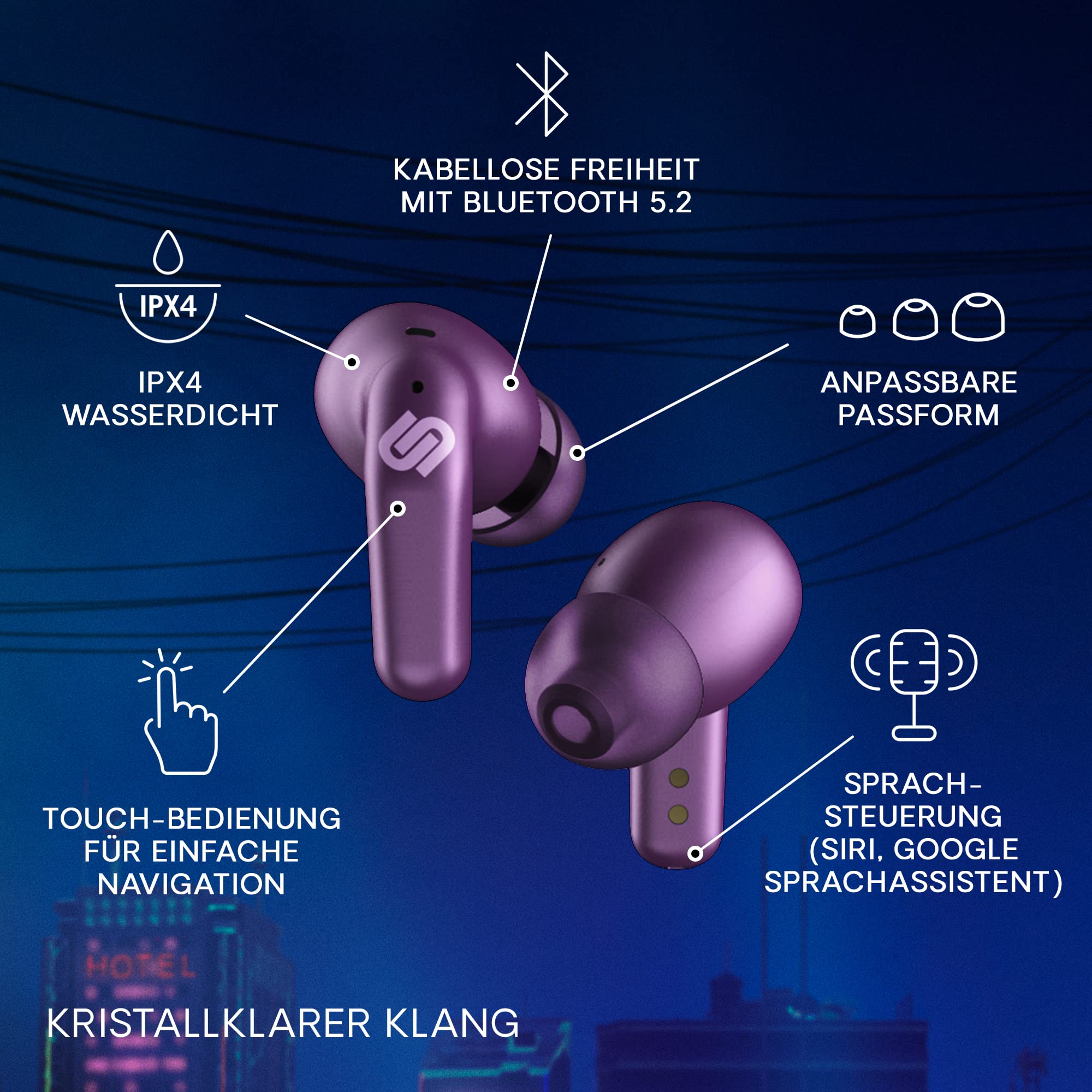 Urbanista Seoul In Ear Kopfhörer | Wireless Earbuds mit Mikrofon | 70ms Low Latency Gaming Earbuds | Dual-Mode Bluetooth Earphones | Schnelles Aufladen USB-C Kopfhörer | 32 Std. Spielzeit | Lila