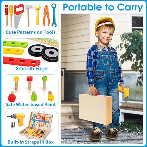 Miniatura 6 de Juego de herramientas para niños con taladro, juguetes Montessori STEM para niños y niñas de 3, 4 y 5 años, 44 piezas de herramientas de madera para