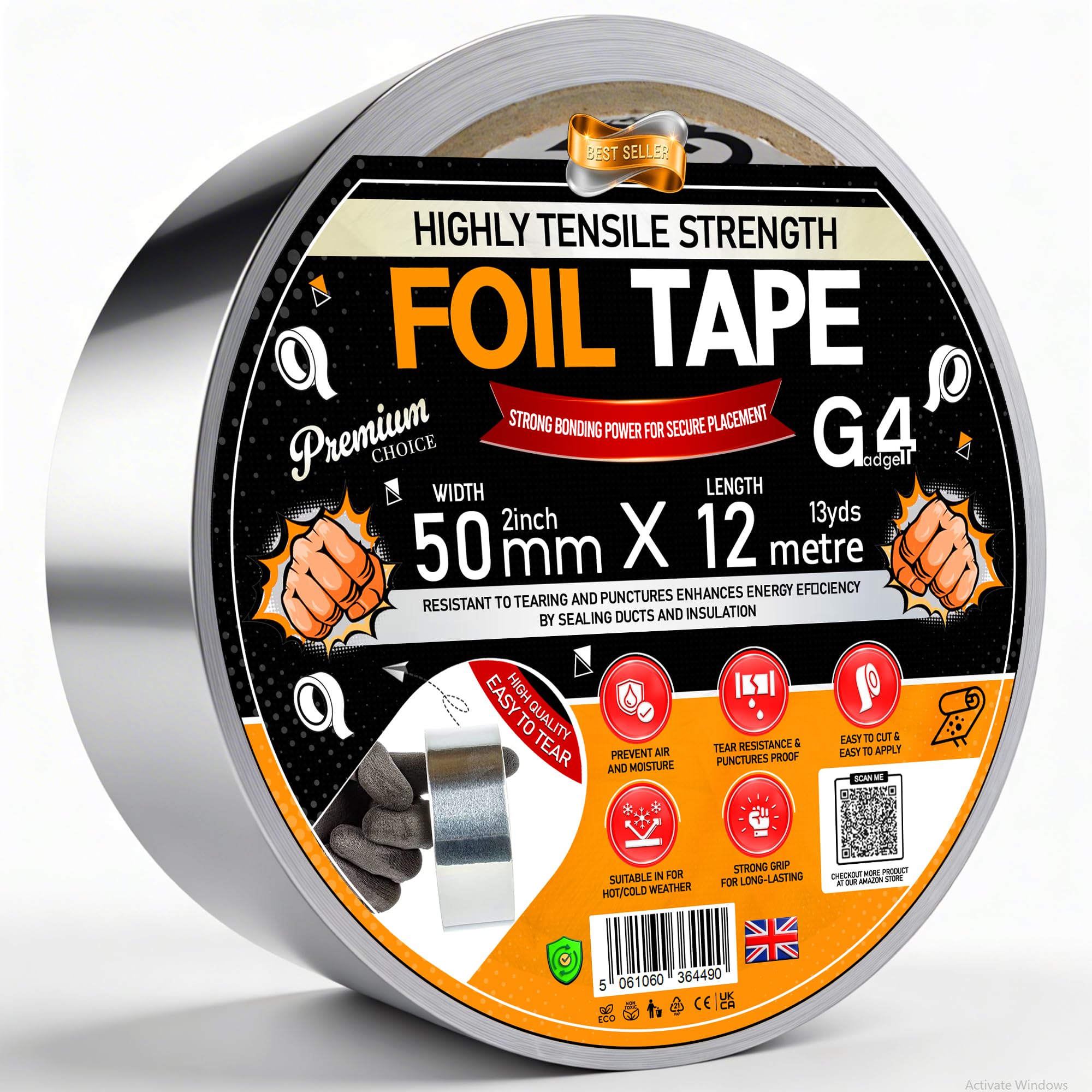 G4GADGET Aluminium Foil Tape 50mm x 12m | Heat Resistant Silver Foil Tape for Insulation, Duct Sealing & HVAC Repairs | Strong Adhesive Metal Tape | Thermal & Underlay Tape