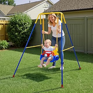 Warmiehomy Foldbale Toddler Swing 3 in1 Baby Swing with Safety Harness Heavy Duty Kids Swings for Garden Outdoor Indoor Use, Folding Metal Stand, Outdoor Play Equipment for Children, Gift for Boy Girl