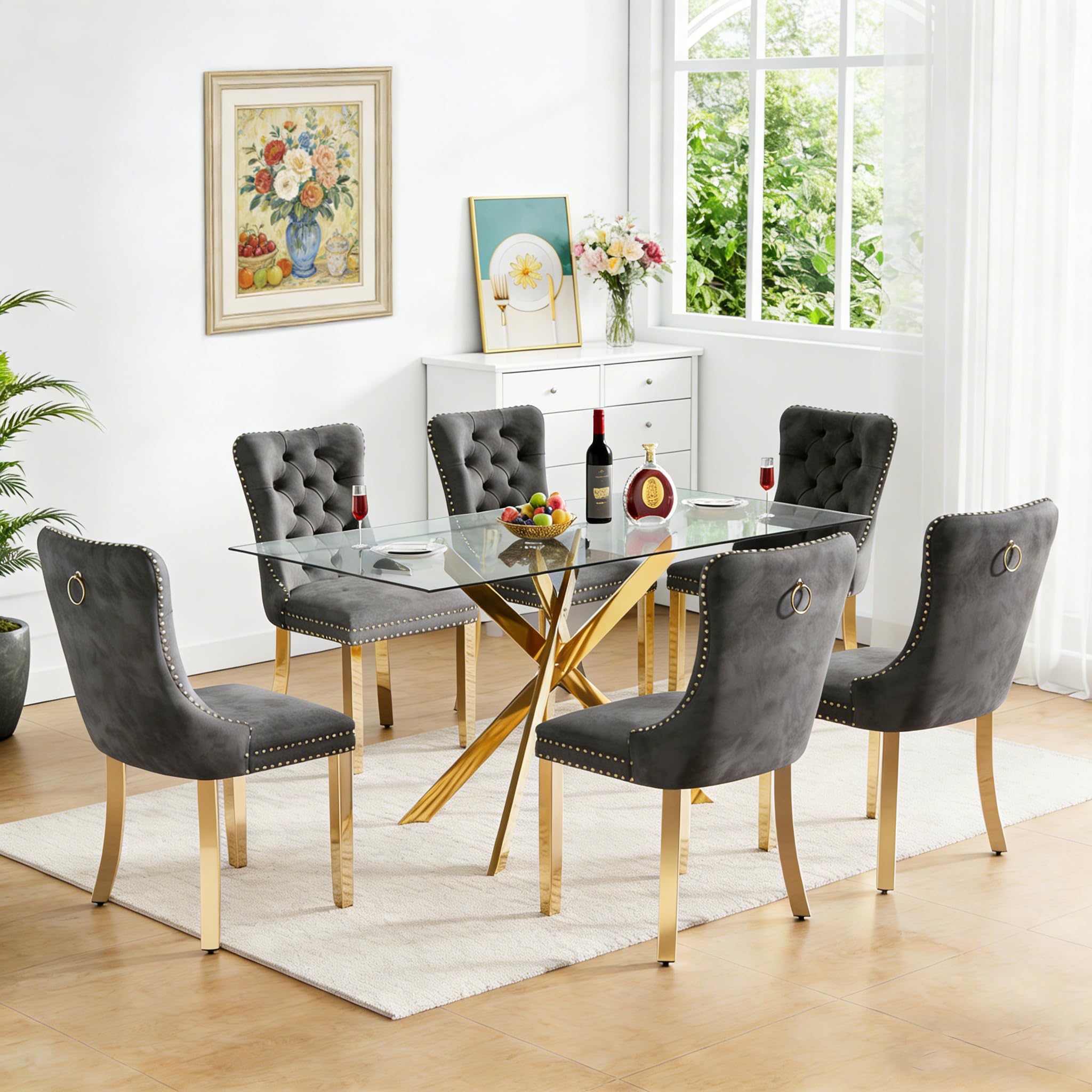 Goujxcy Glass Dining Table Set for 6, Modern Kitchen Table and Chairs Set of 6, 7-Piece Kitchen Dining Room Table Set w/51 Glass Gold Dining Table and