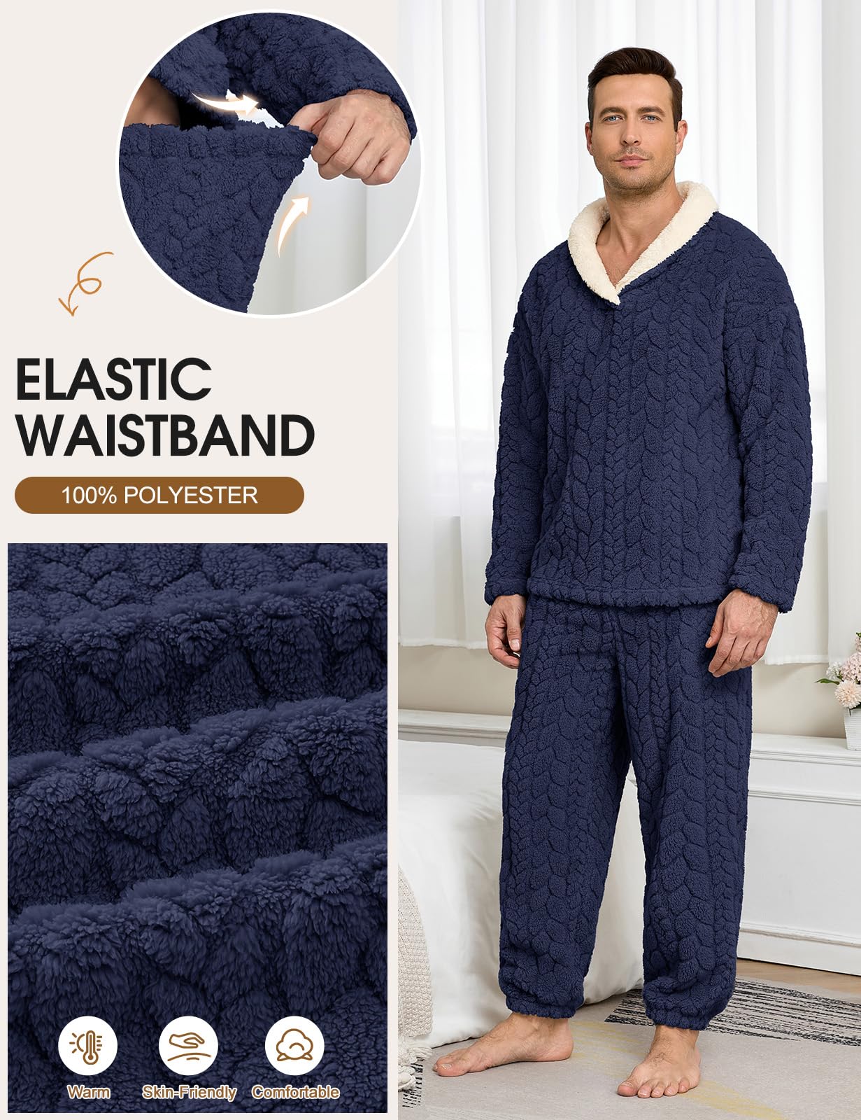 Lonya Schlafanzug Herren Lang Flauschig Winter 2 Stück Pyjama Set
